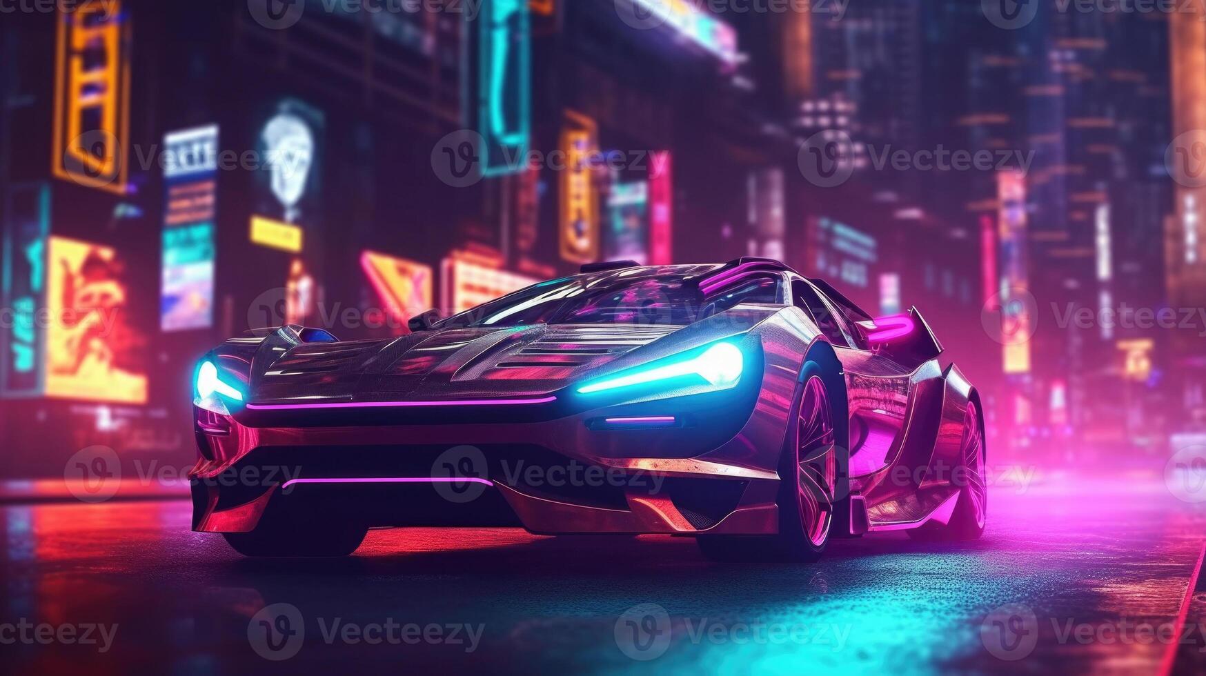 Futuristic sport car with neon lights at cyberpunk city street. photo