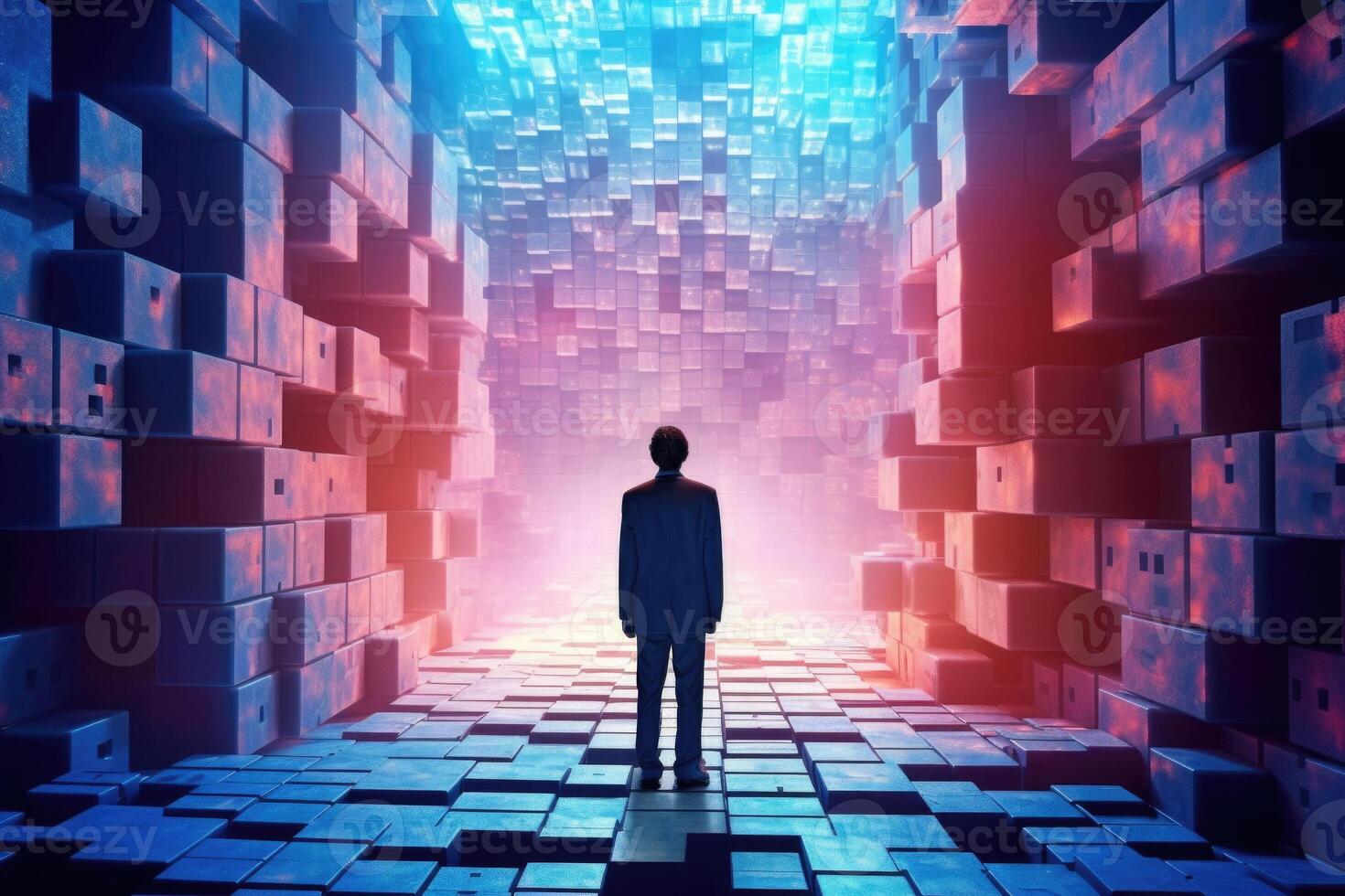 Person silhouette in digital world. Human in cyberspace. photo
