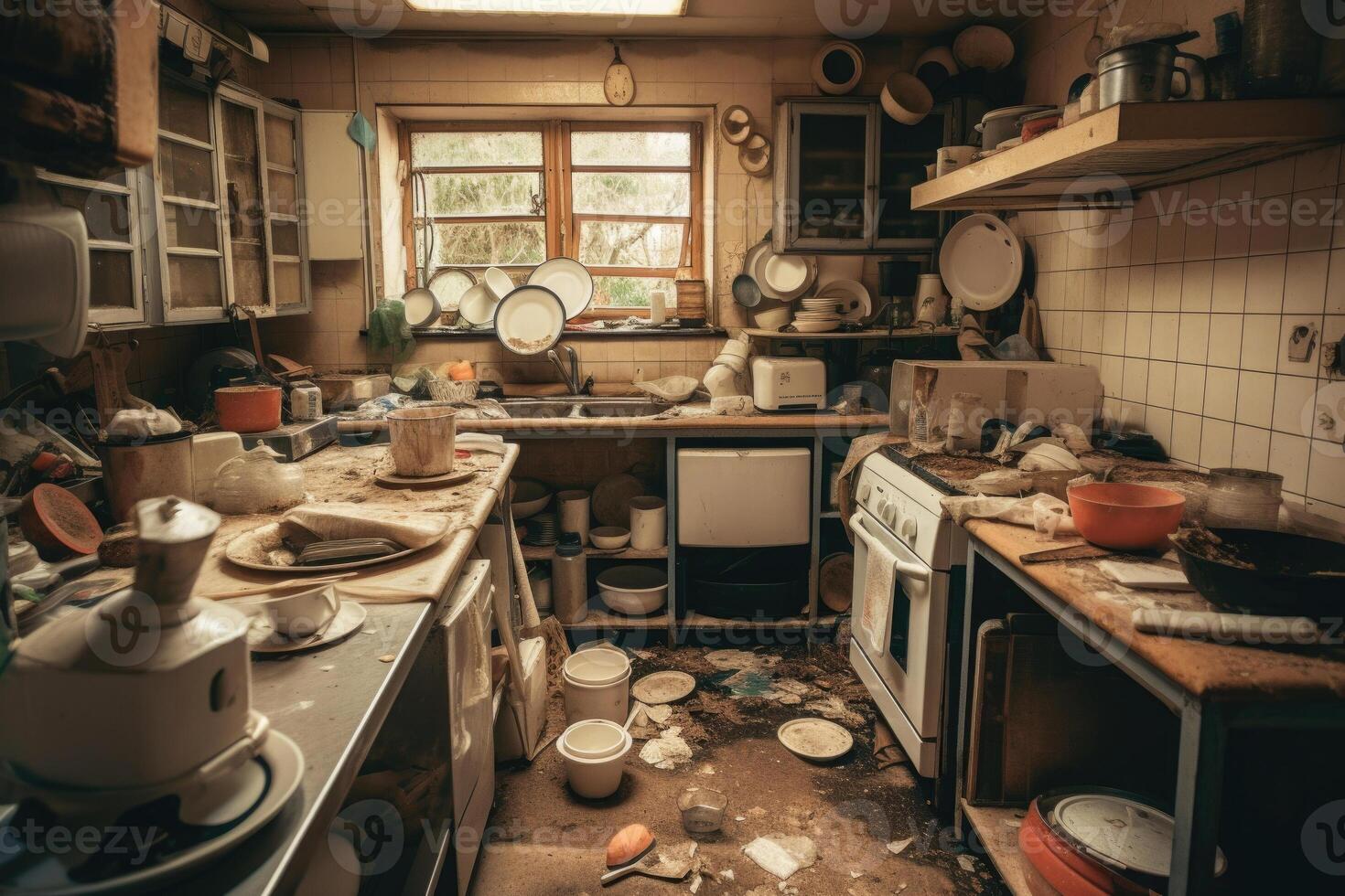 Very messy kitchen interior. Unwashed dishes. photo