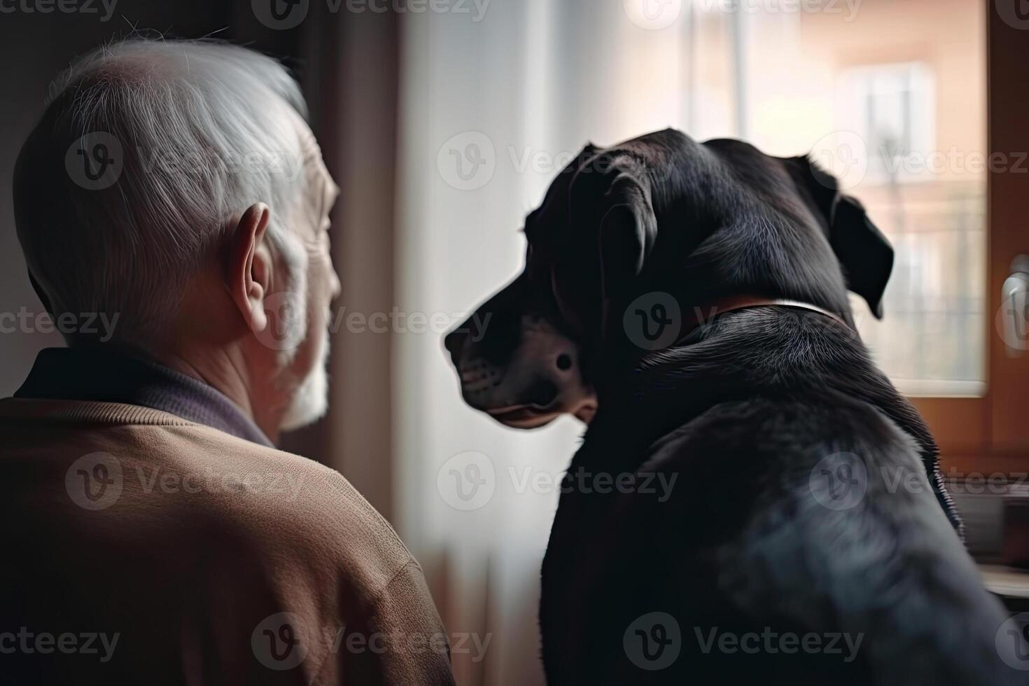 Alone senior man sitting near window with dog. photo