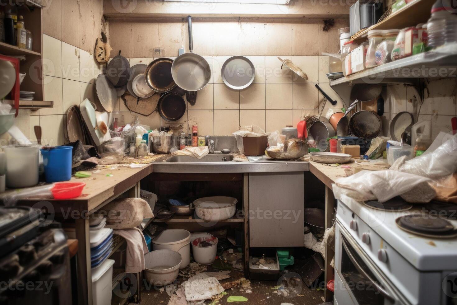 Premium Photo  Messy kitchen with dirty dishes on the counter and dishes  on the counter generative ai