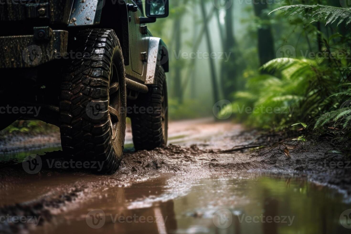 cuatro rueda conducir suv es conducción en lodoso la carretera en selva. generativo ai foto