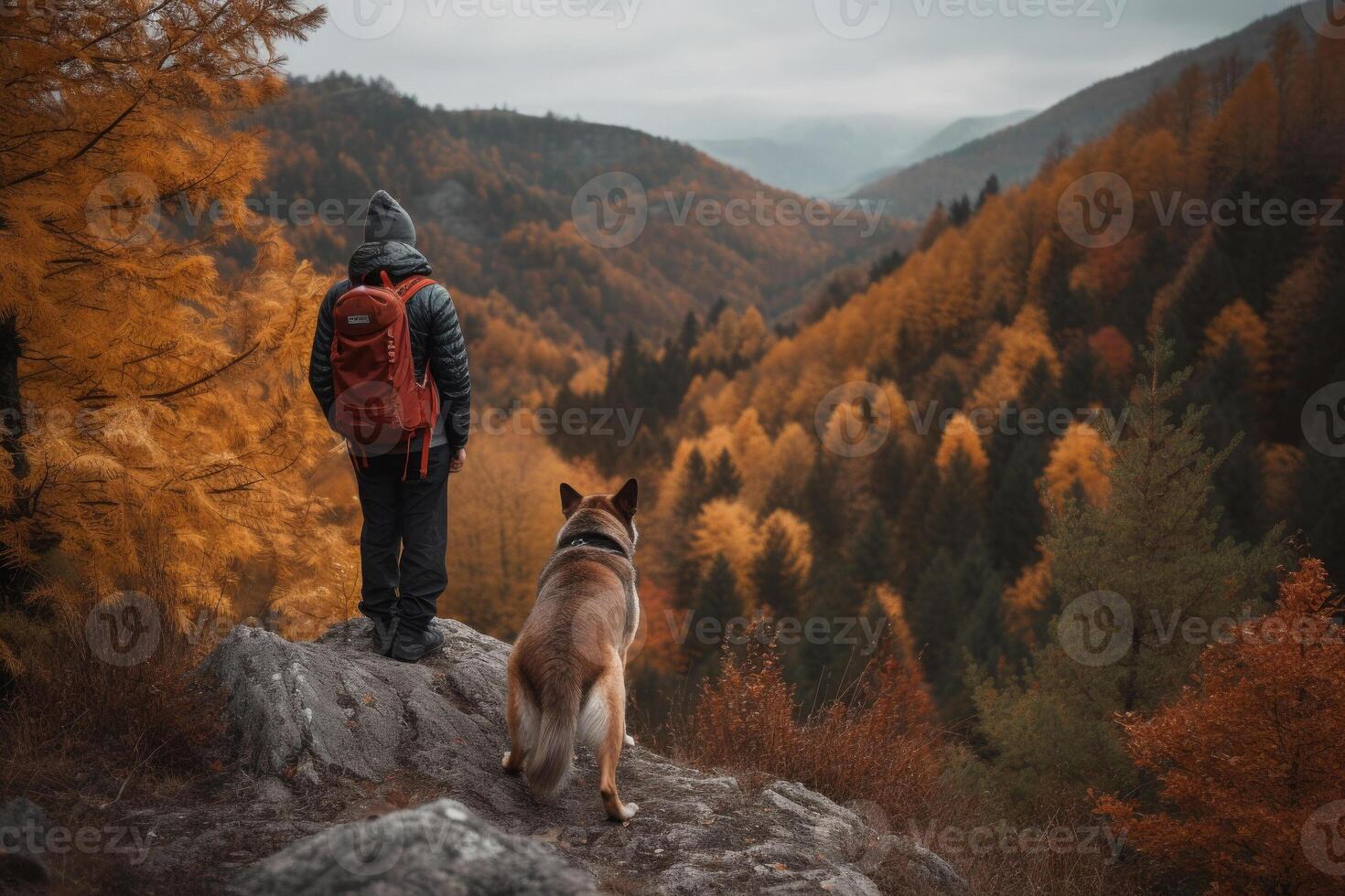 Woman hiking with dog in mountains. photo
