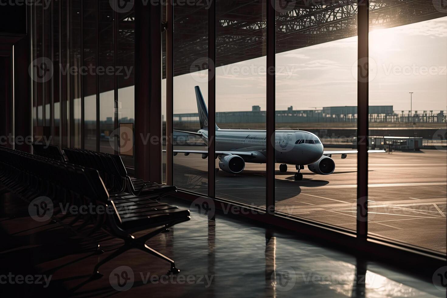 Airport terminal interior with plane in the window. photo