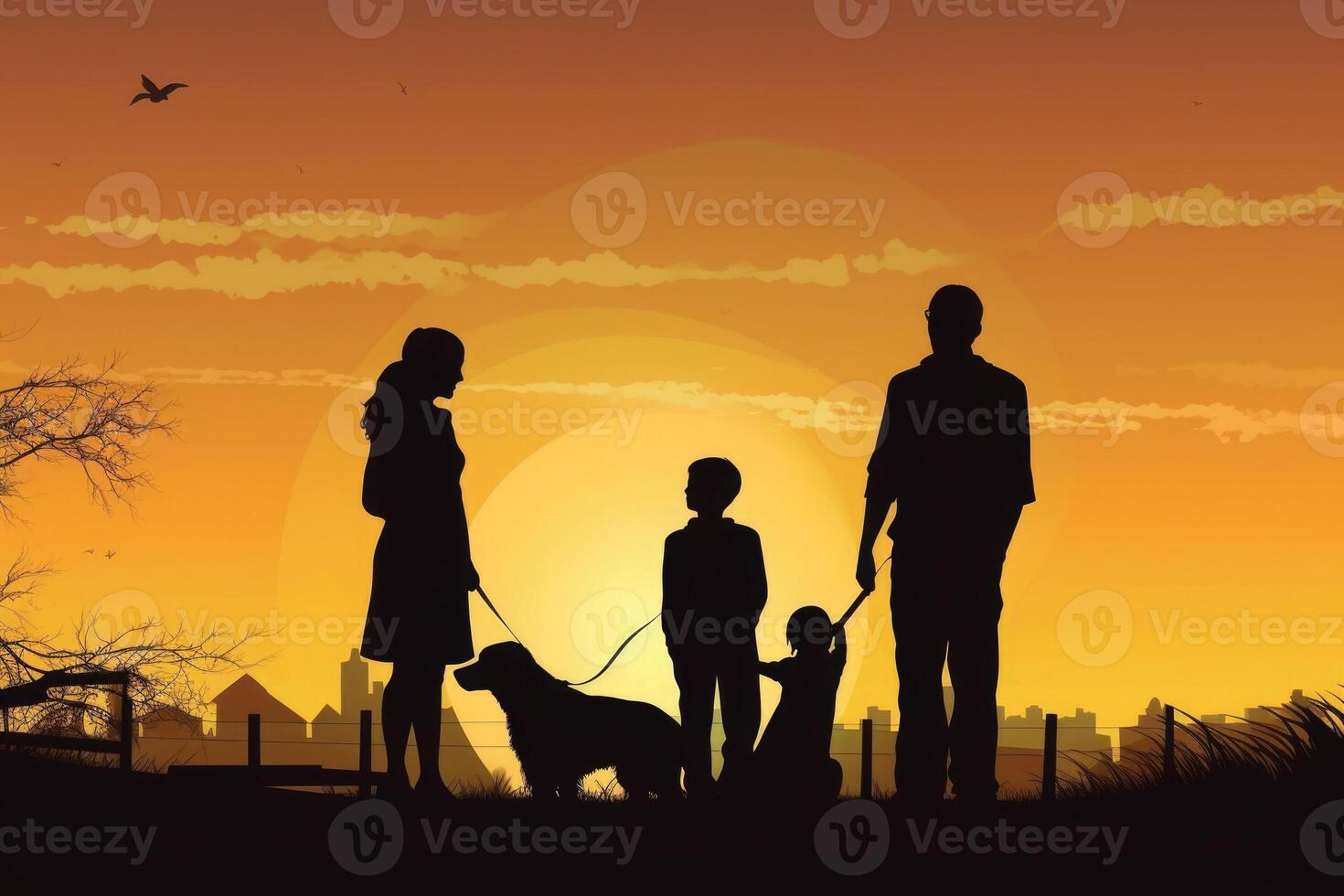 Happy family and dog silhouettes at sunset. photo