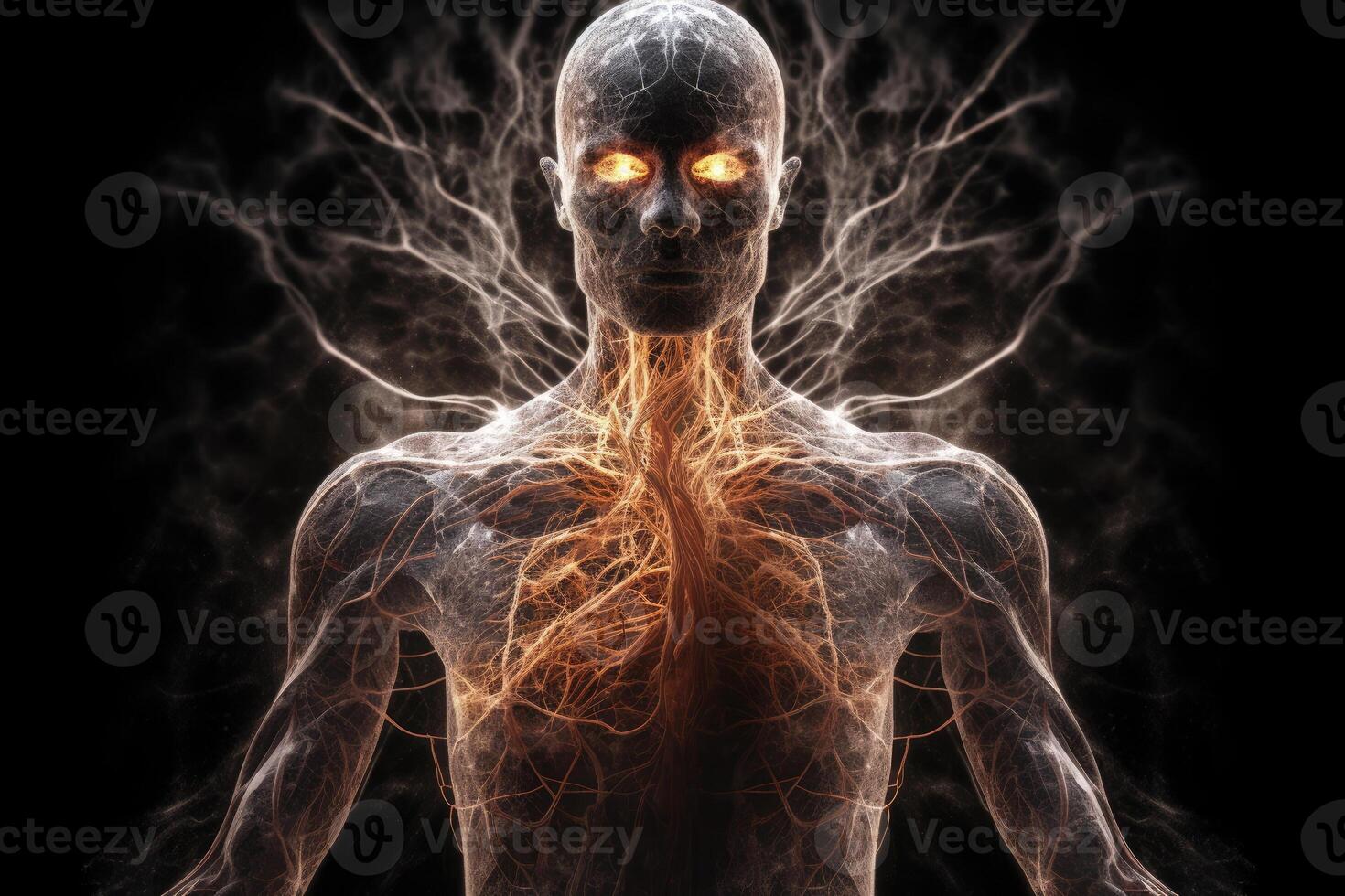 Glowing human body silhouette on dark background. photo