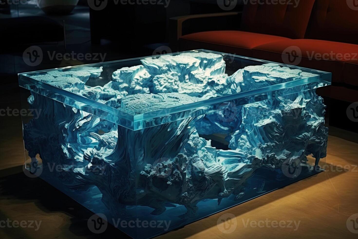 design table with block of ice and resin illustration photo