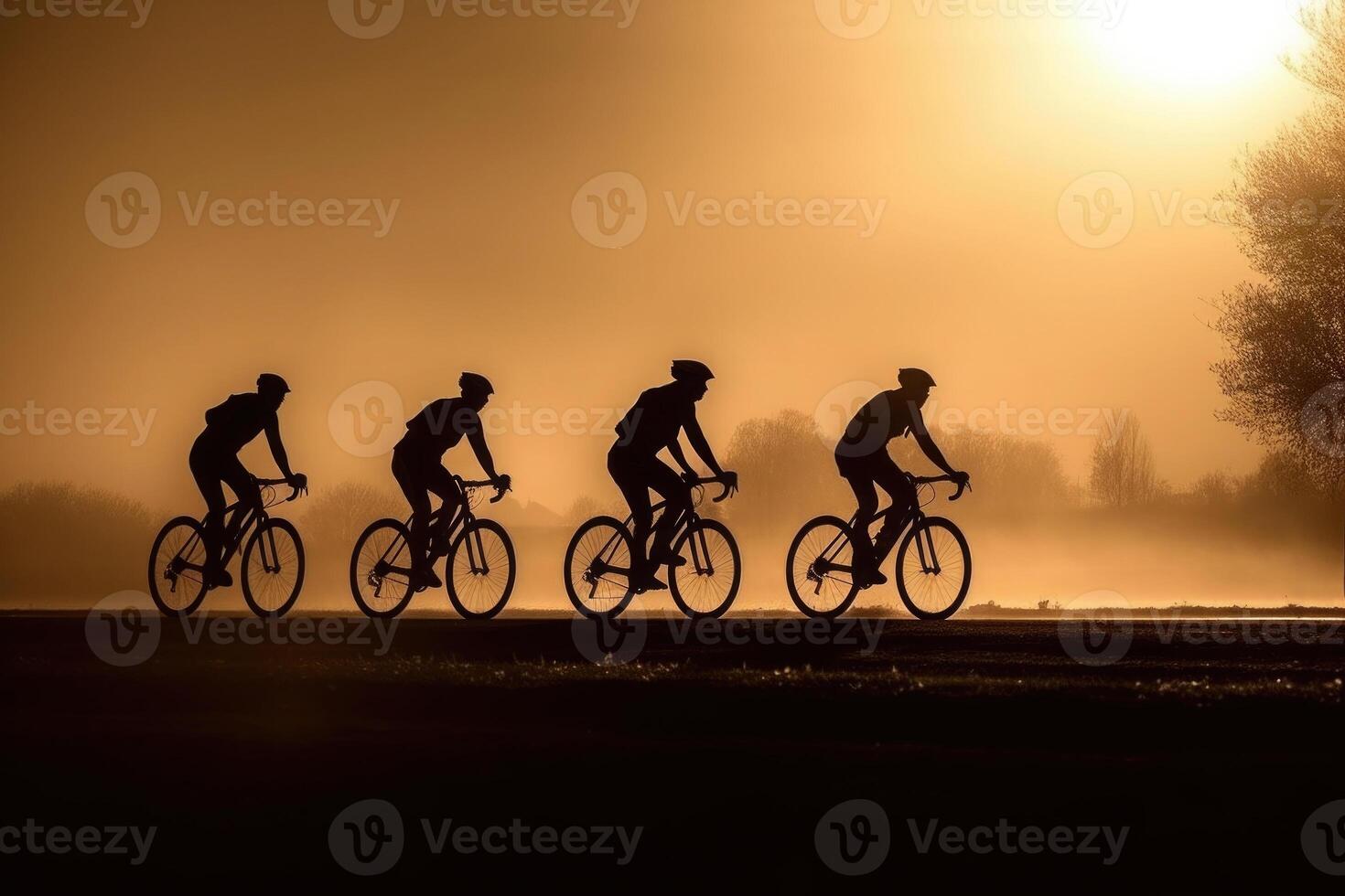 Silhouettes of professional cyclists on road at sunset. photo