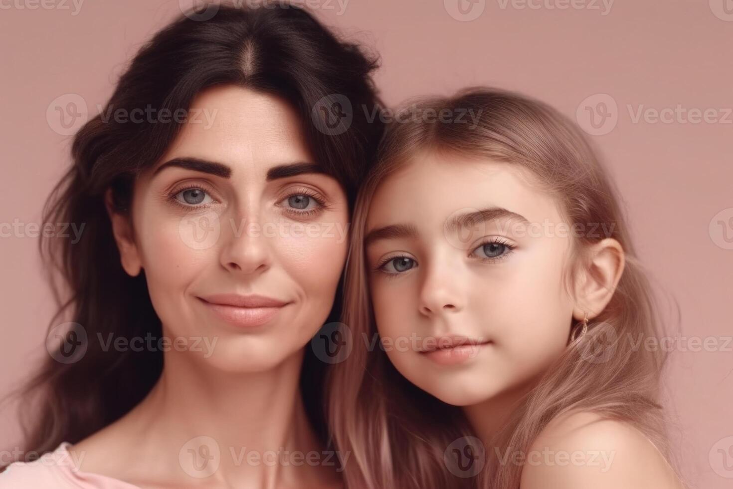 madre y hija retrato en rosado antecedentes. generativo ai foto