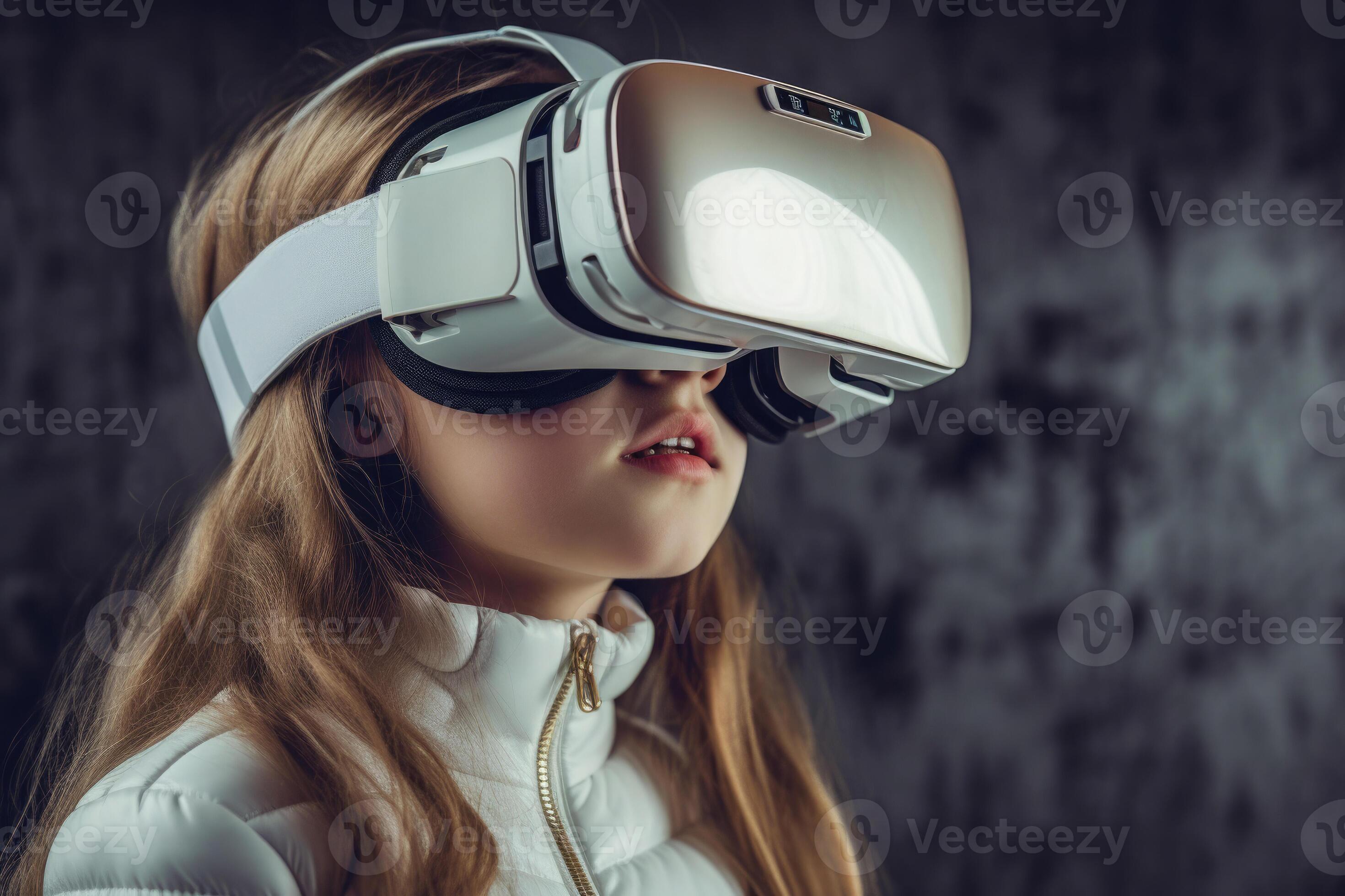 Teenage girl using virtual reality headset. Generative AI 24599621
