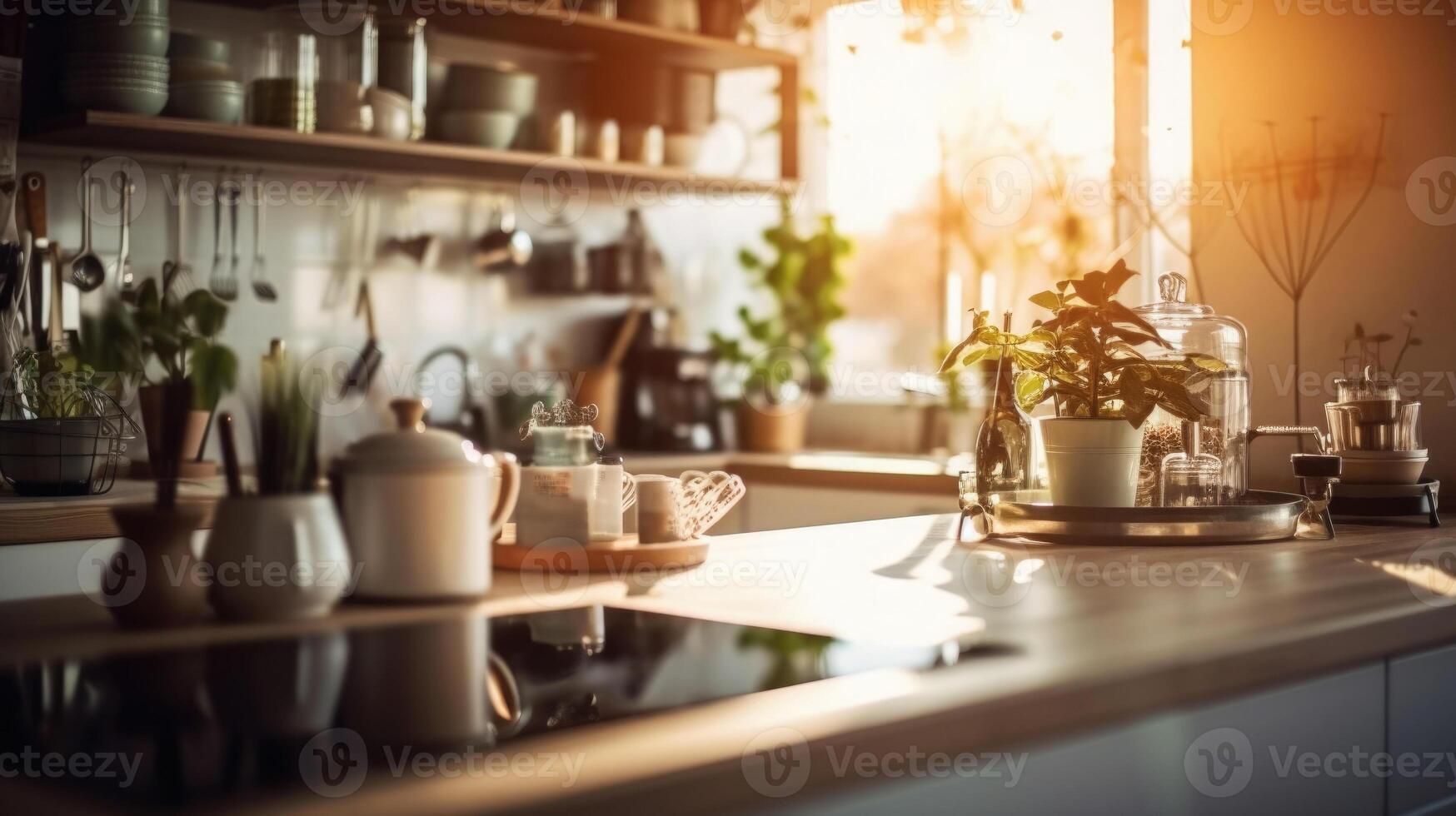 Kitchen wooden table top with breakfast at morning time. photo