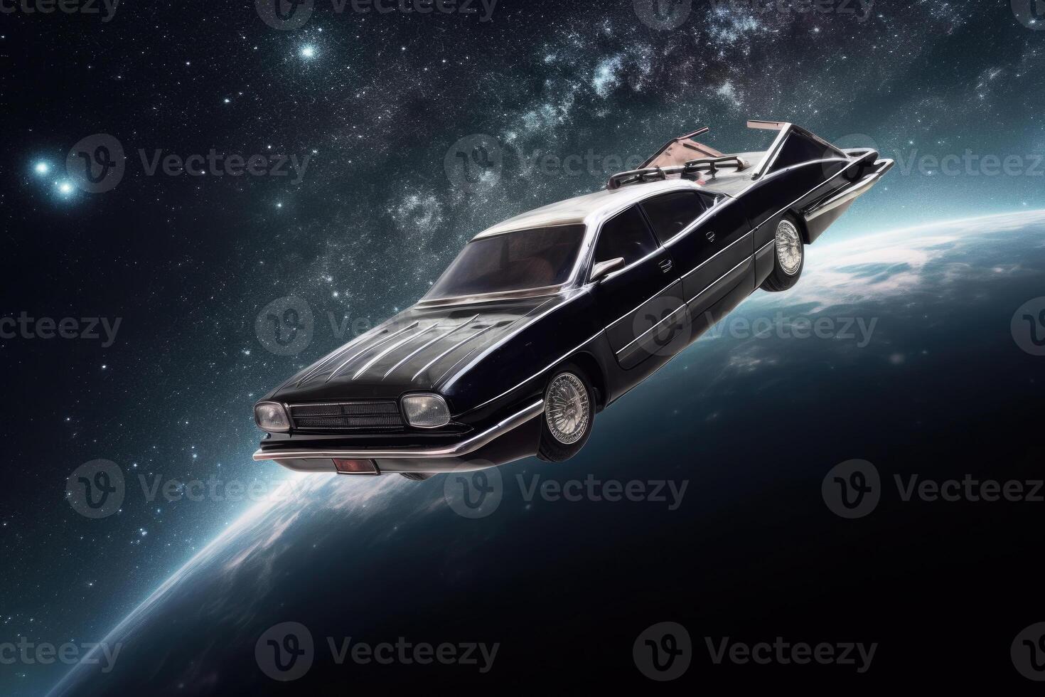 Futuristic retro car in space galaxy background. photo