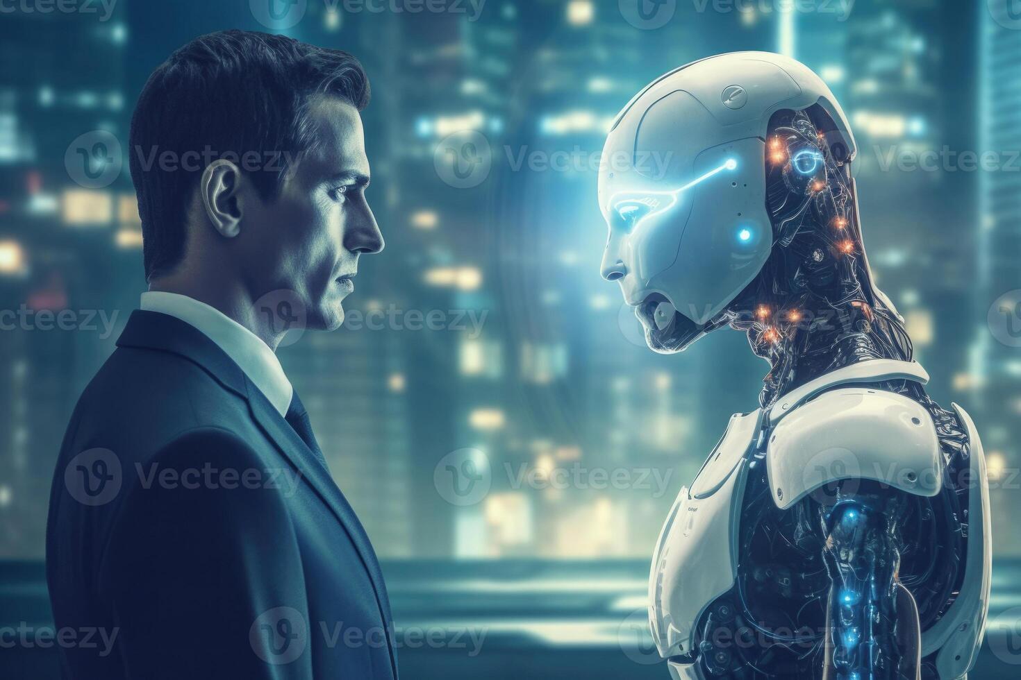 Robot with artificial intelligence interacts with human. photo