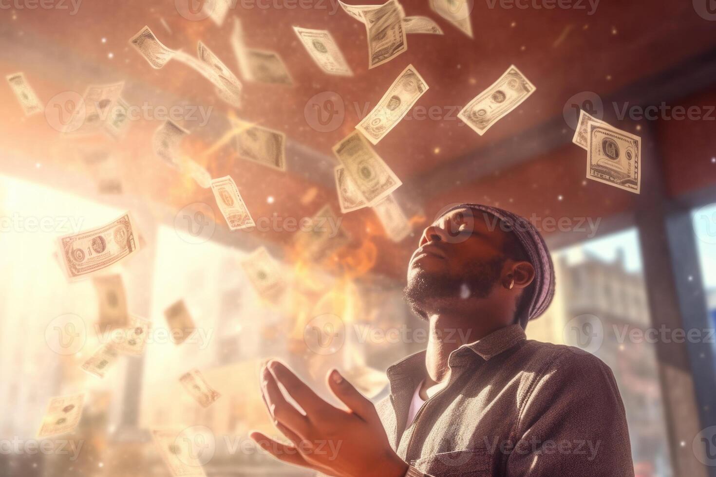 Happy man with a lot of falling dollar banknotes. photo