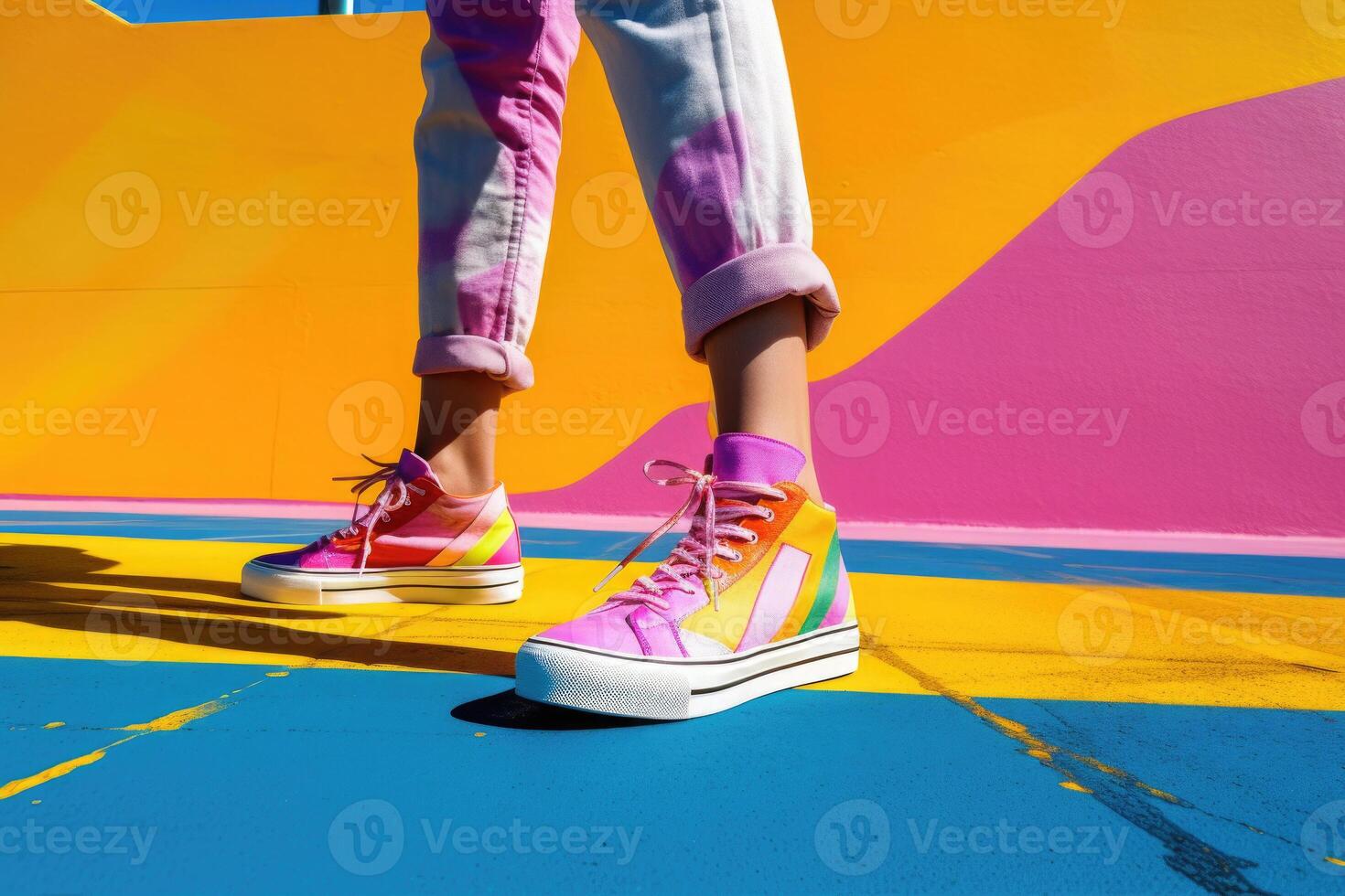 Stylish sneakers on colorful background. Fashion style. photo