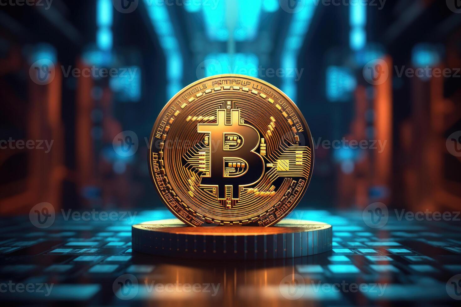 Virtual cryptocurrency. Golden Bitcoin on technology background. photo