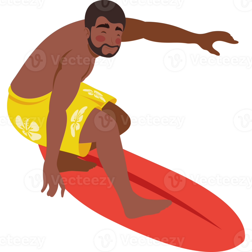 afro man surfing in surfboard character png