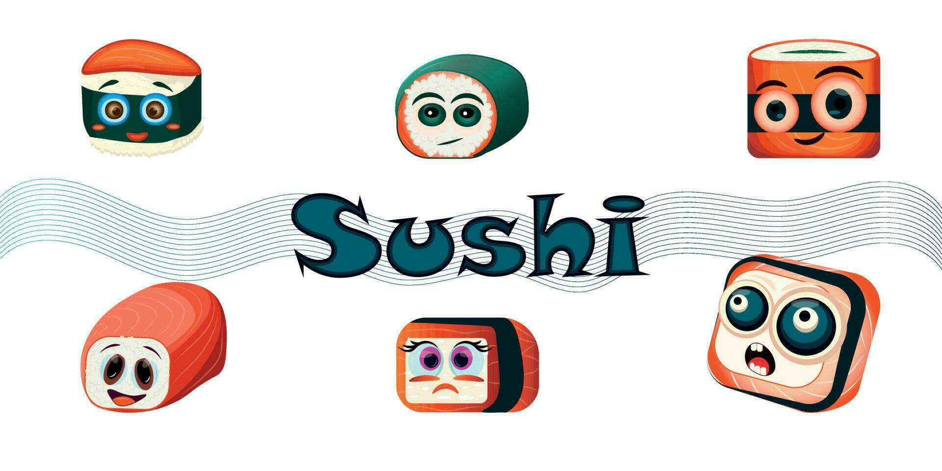 Funny sushi characters. Funny sushi with cute faces. Sushi roll and sashimi set. Sushi with different emotions. Sushi roll is a fun set. Asian food, vector illustration isolated on white background