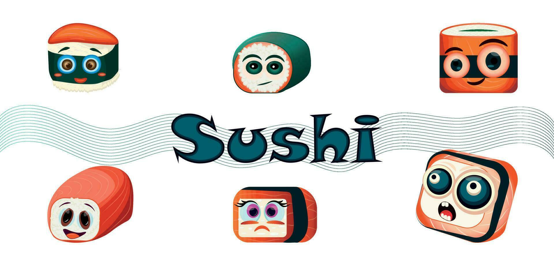 gracioso Sushi caracteres. gracioso Sushi con linda caras. Sushi rodar y sashimi colocar. Sushi con diferente emociones Sushi rodar es un divertido colocar. asiático alimento, vector ilustración aislado en blanco antecedentes