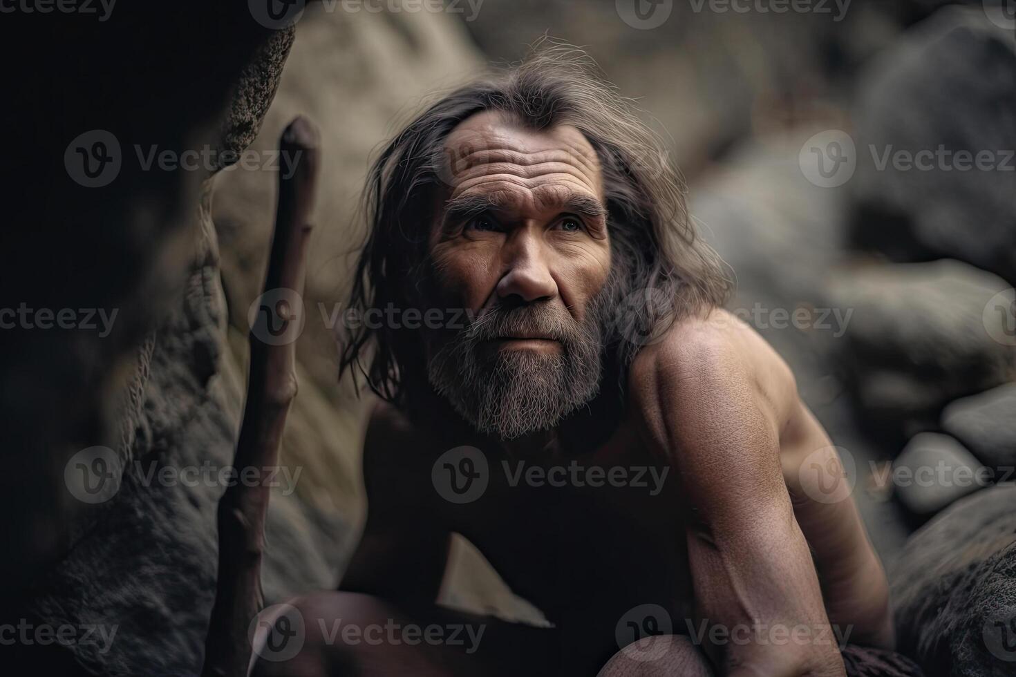 prehistórico neanderthal hombre en cueva. generativo ai foto