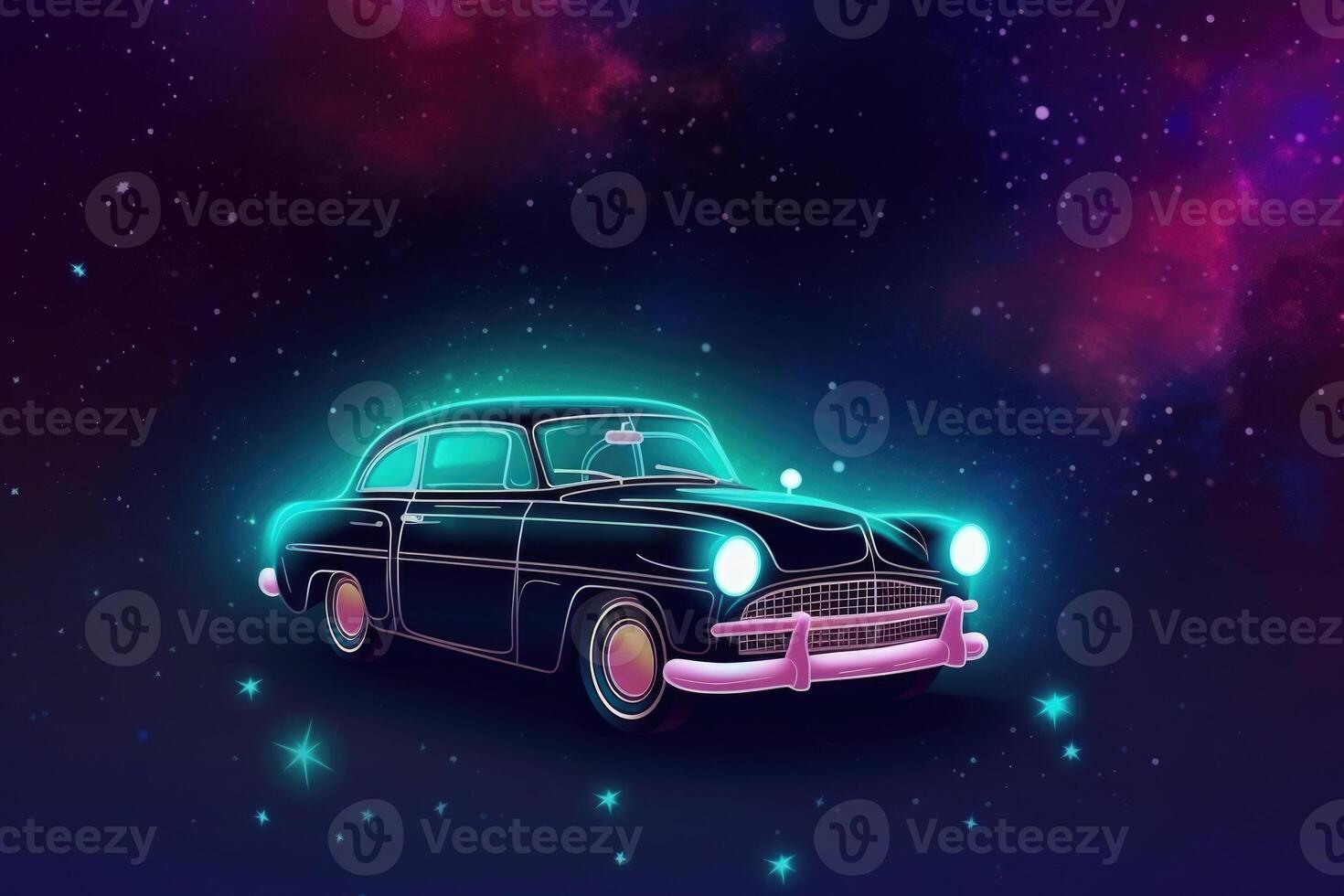Futuristic retro car in space galaxy background. photo