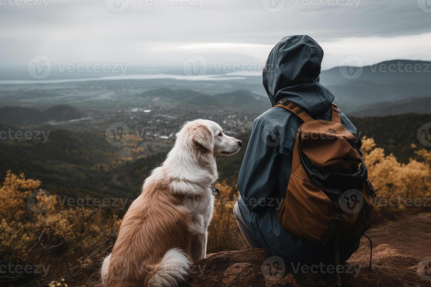 Woman hiking with dog in mountains. photo