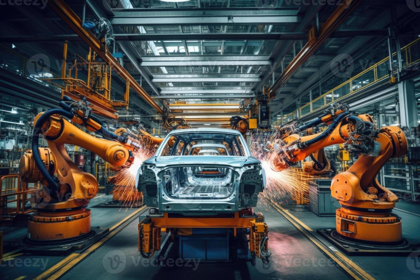 Car factory with robotic arms at assembly line. photo