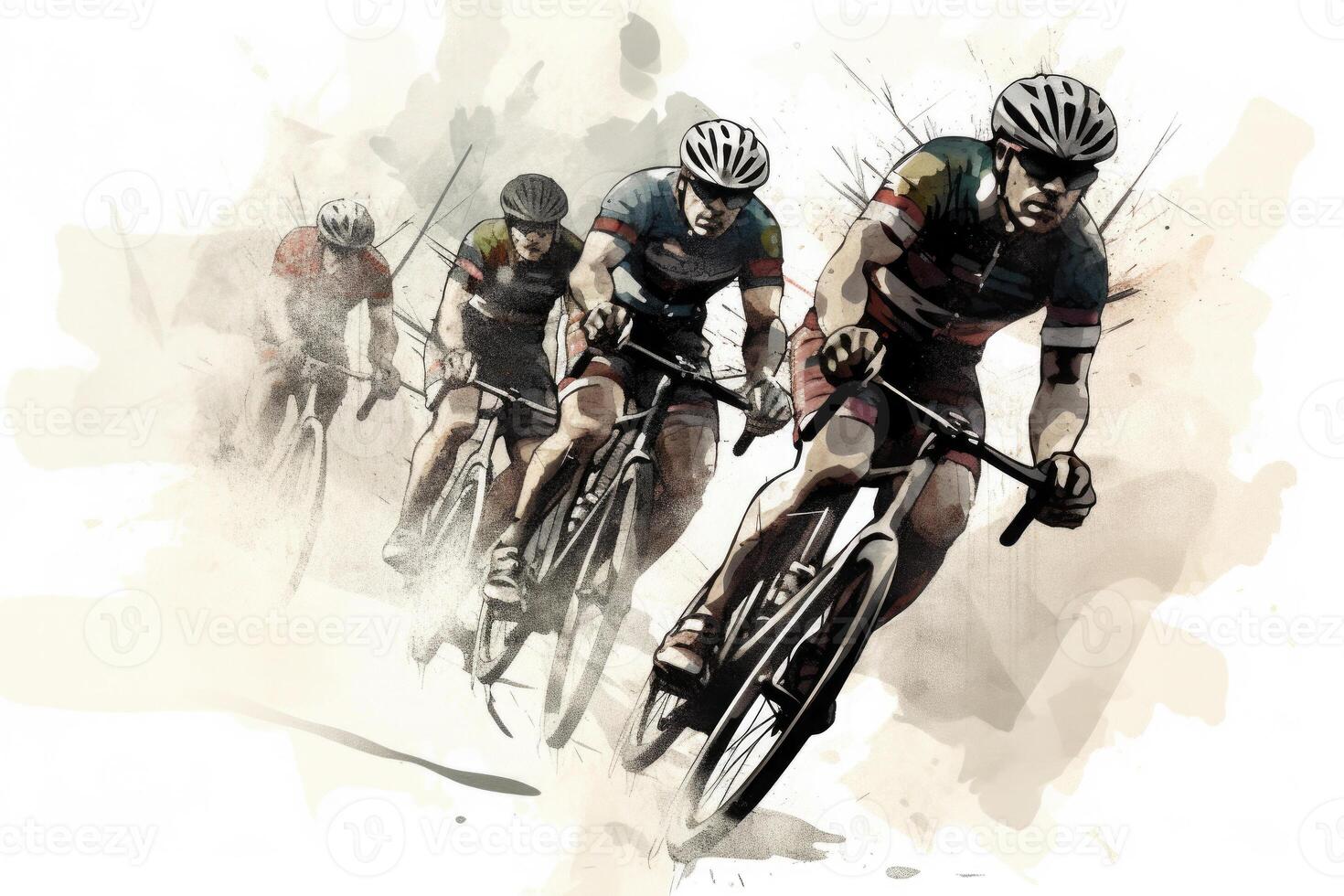 ciclistas equipo montando en bicicletas, color dibujo. bicicleta carrera bandera. generativo ai foto