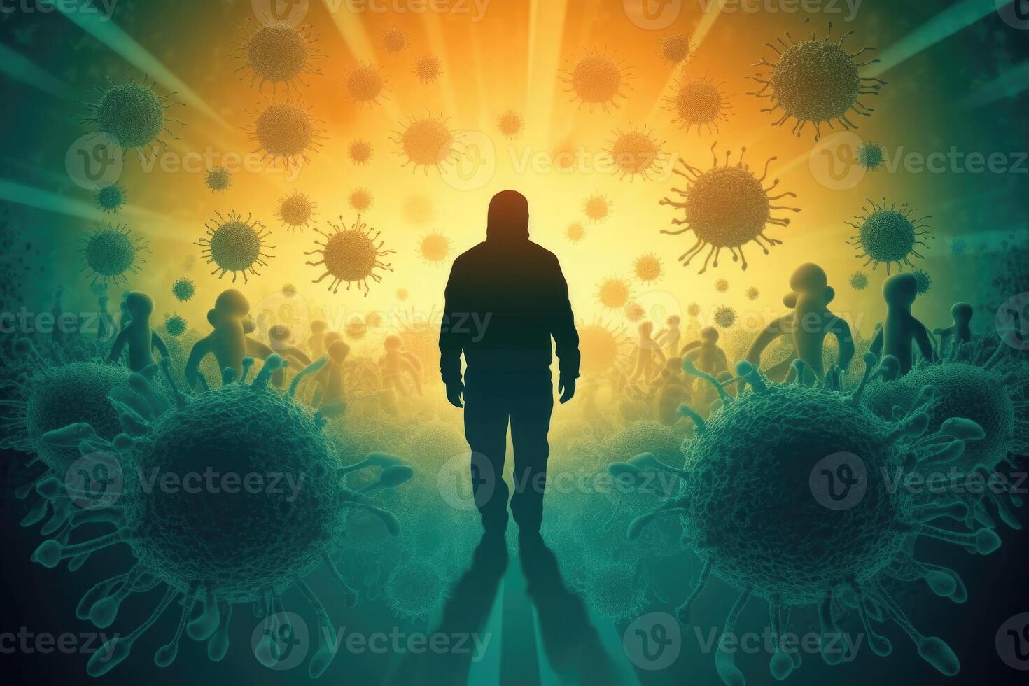 Different shapes bacterias and virus cells near person silhouette. photo