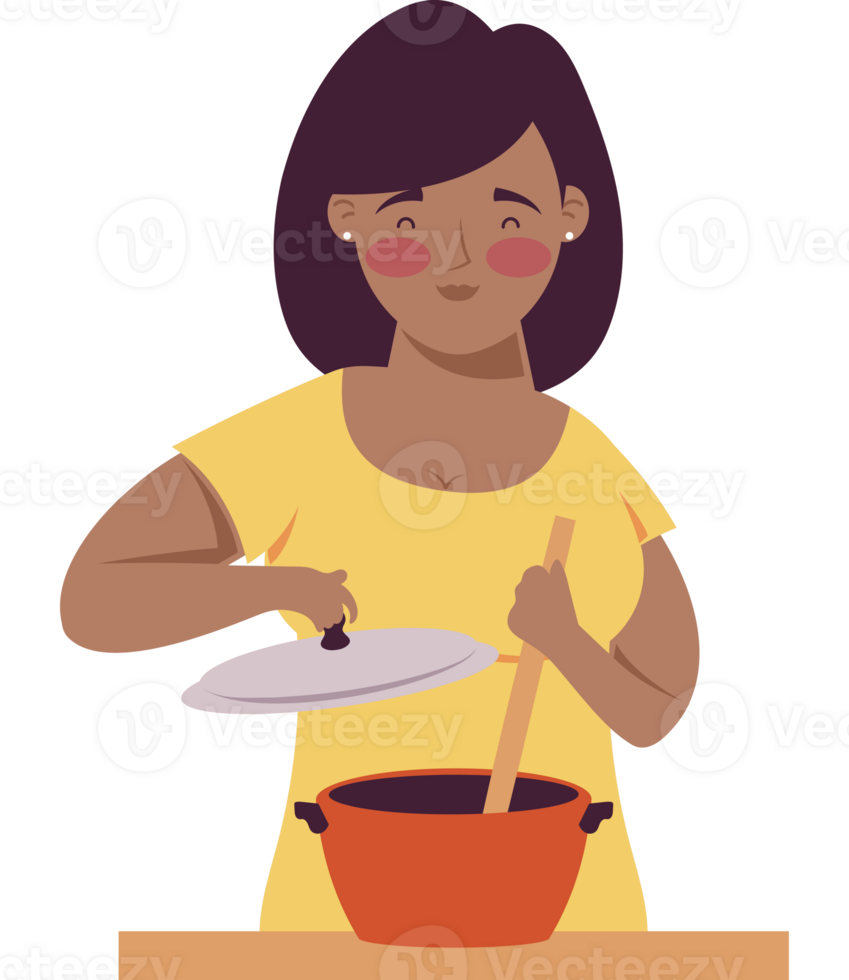 woman afro cooking with pot character png