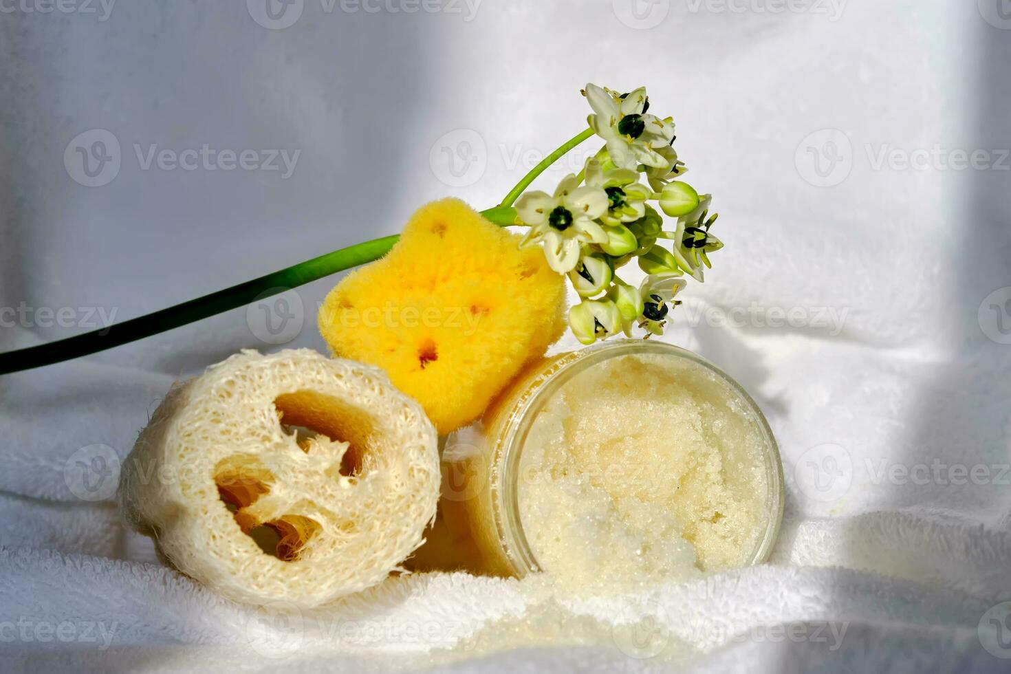 Scrub, loofah washcloth and organic sea sponge on the towel. photo