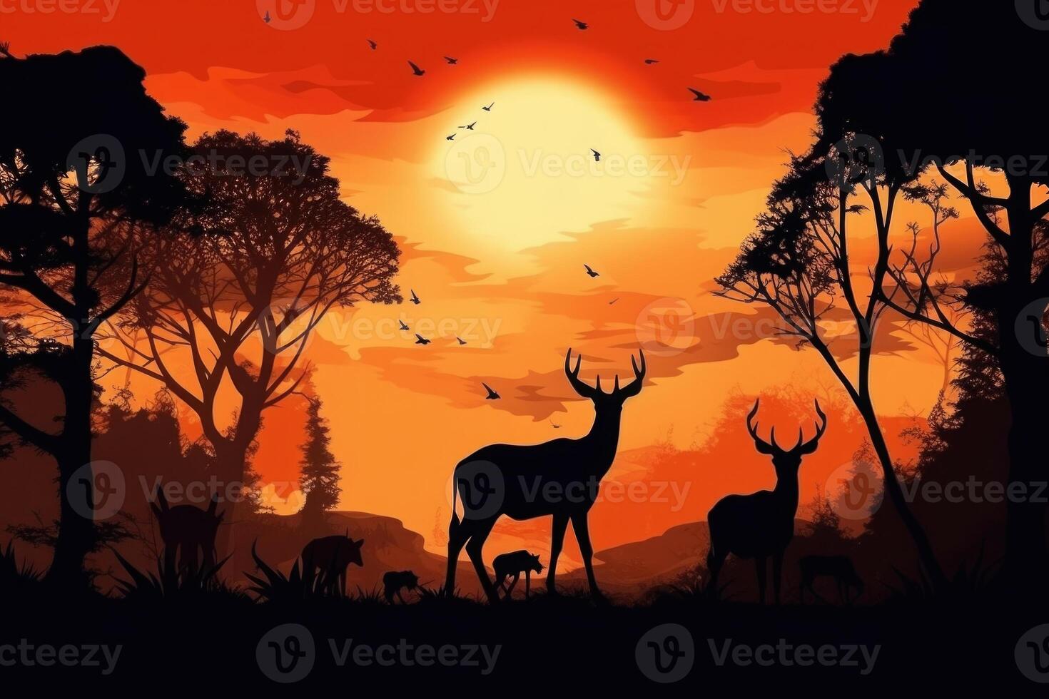 Deer silhouettes at sunset. Wild animal in natural landscape. photo