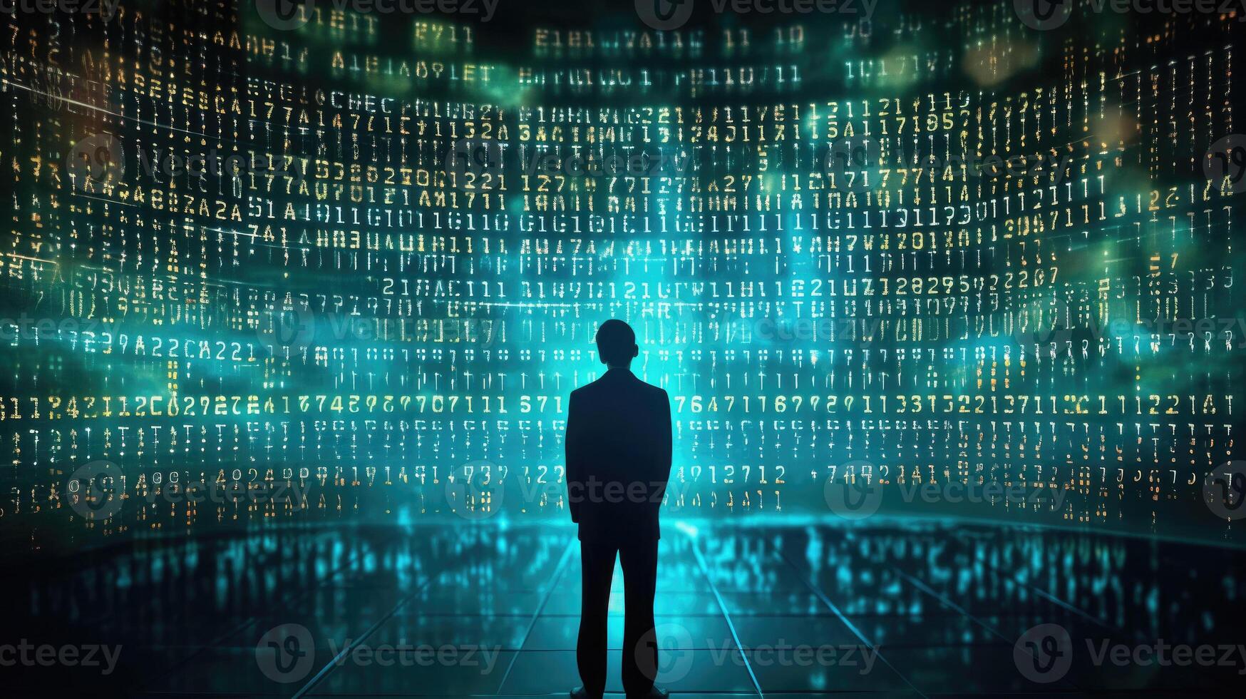 Human silhouette in digital world with binary code. photo