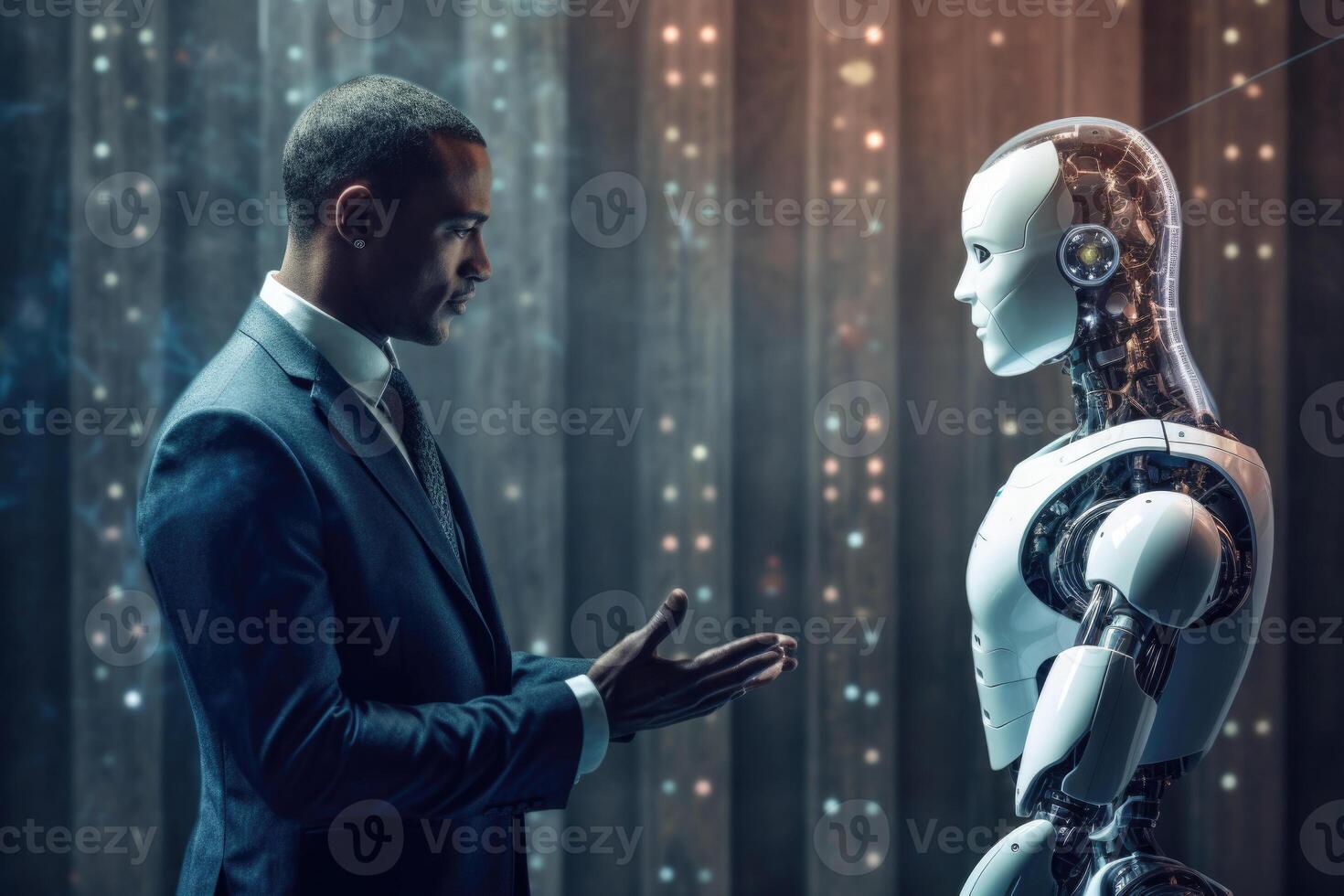 Robot with artificial intelligence interacts with human. photo