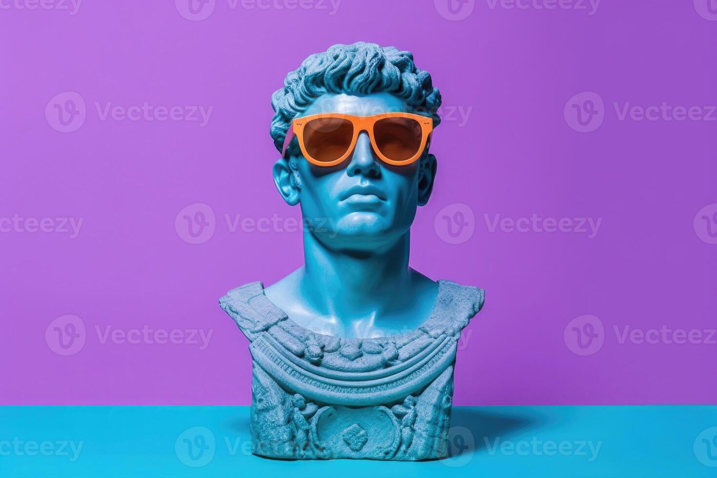 Gypsum statue in sunglasses on colored abstract background. photo