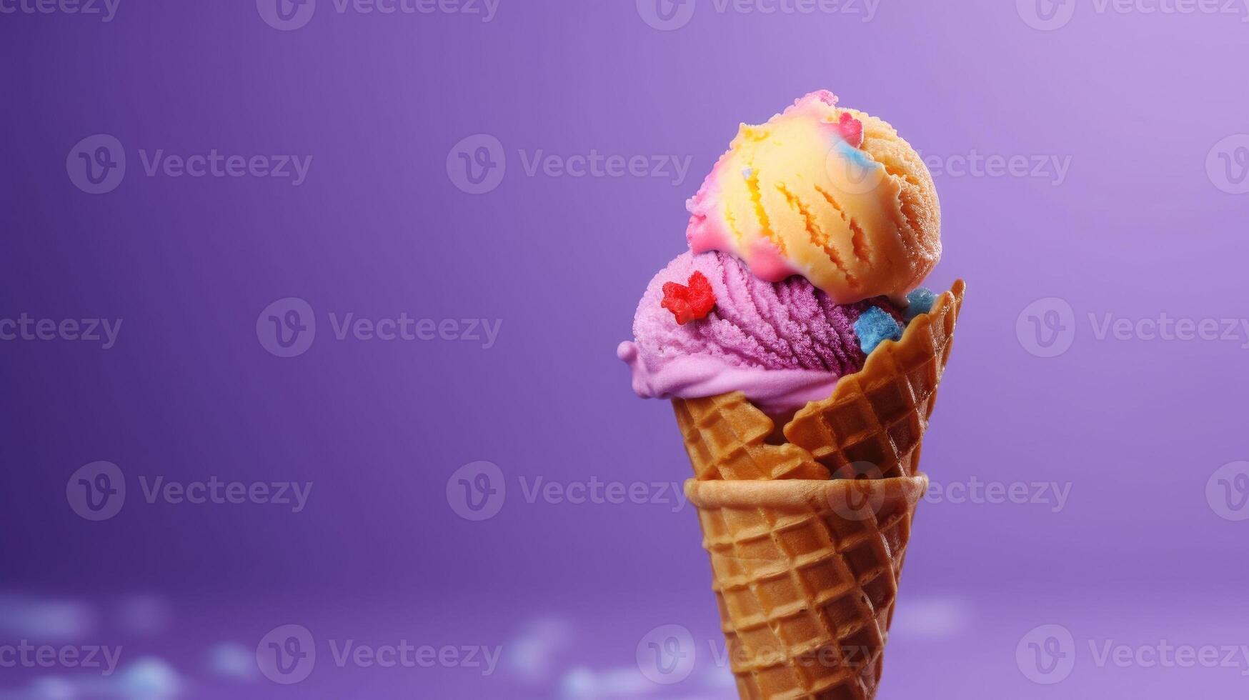 Ice cream cone on colored background, minimal style. photo