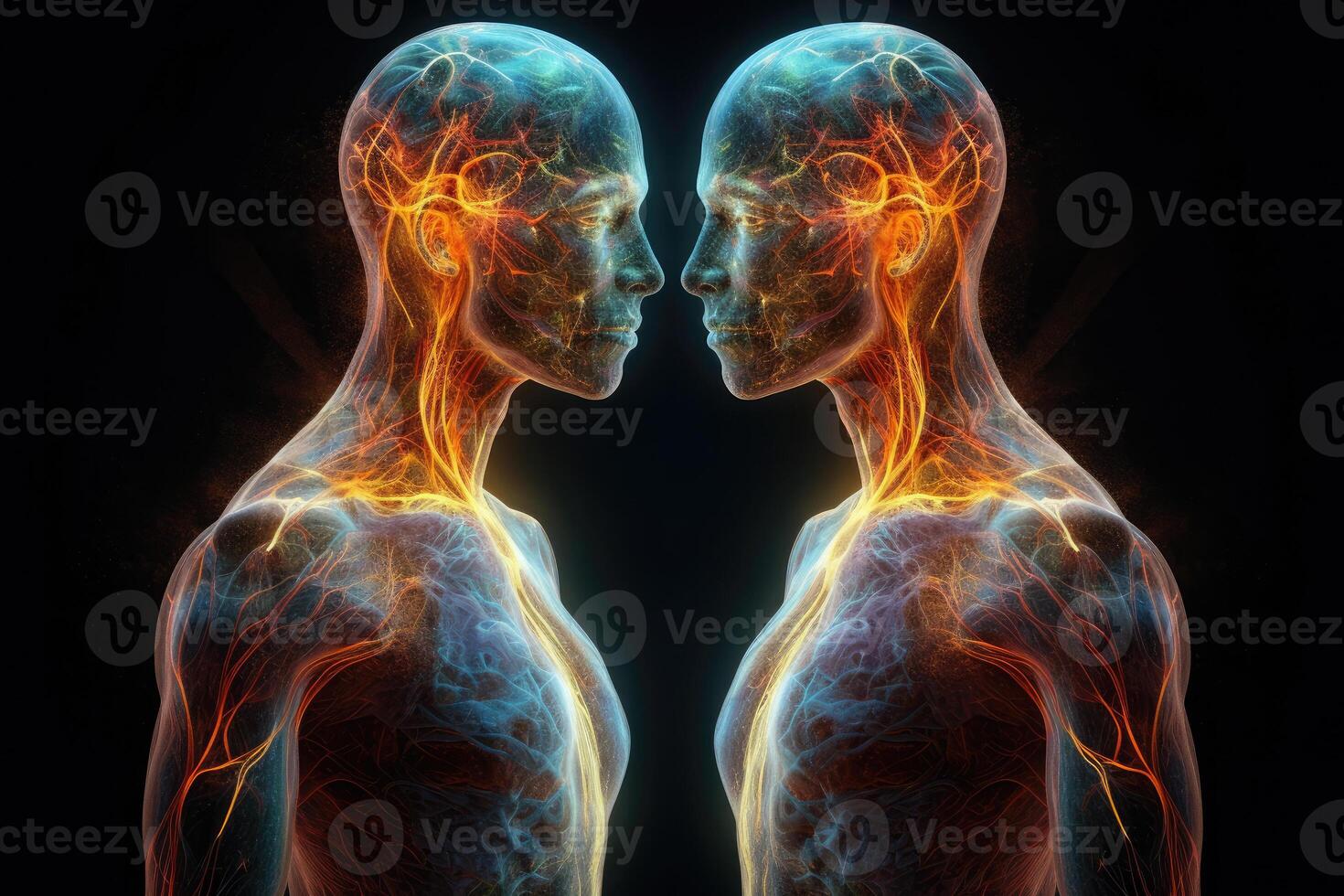 Two human soul silhouettes on dark background. photo