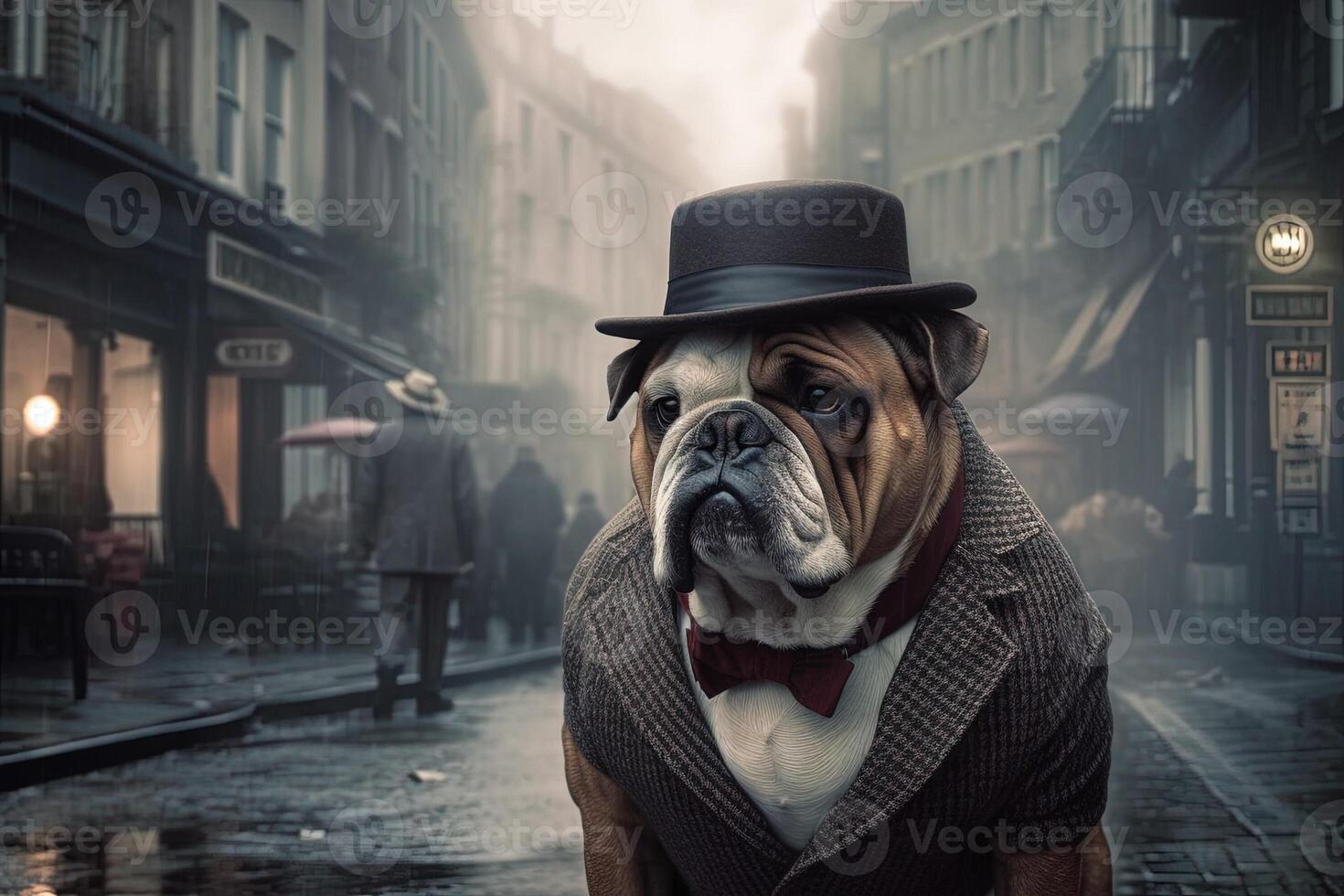 Stoic - looking bulldog, wearing a bowler hat and a three - piece suit, holding a cane and standing on a foggy London street corner illustration photo