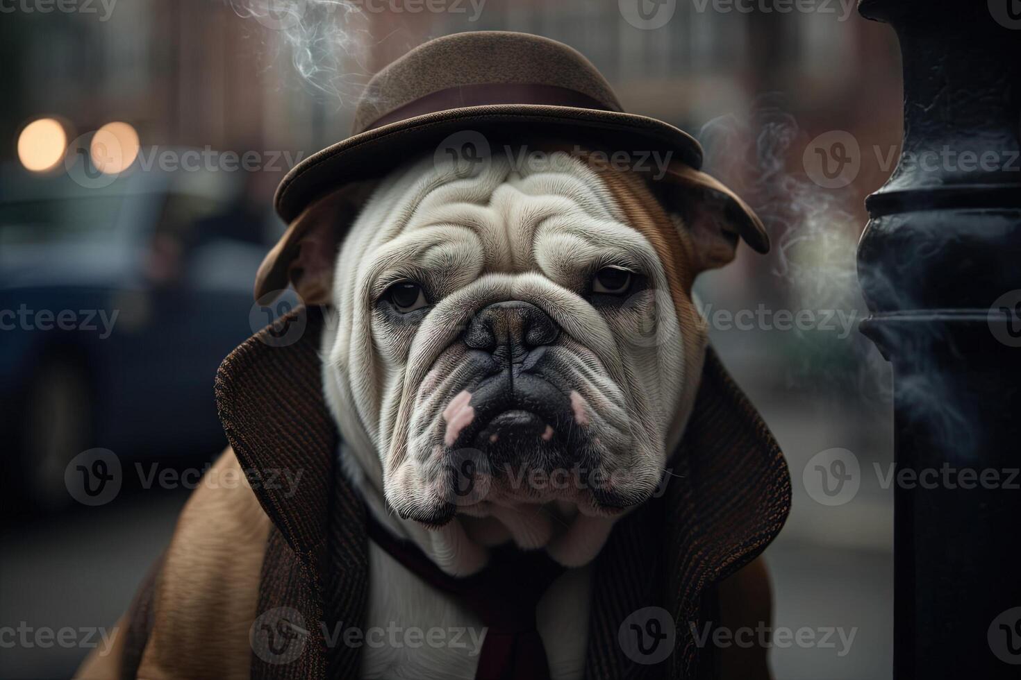 Stoic - looking bulldog, wearing a bowler hat and a three - piece suit, holding a cane and standing on a foggy London street corner illustration photo