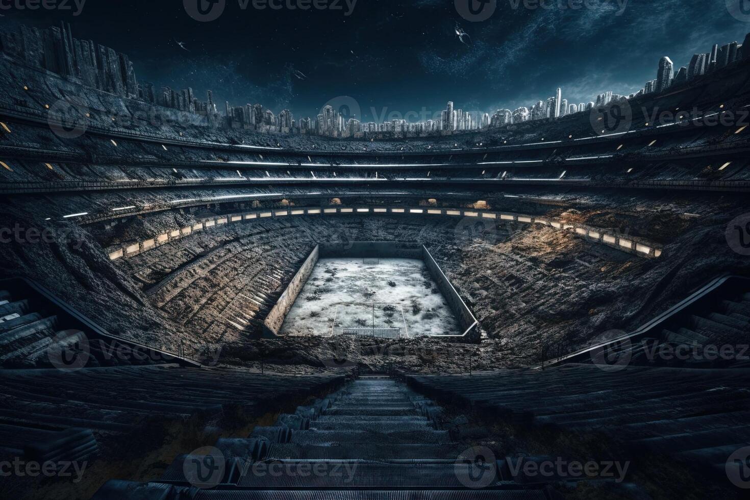 abandoned football stadium on the moon illustration 24601278 Stock