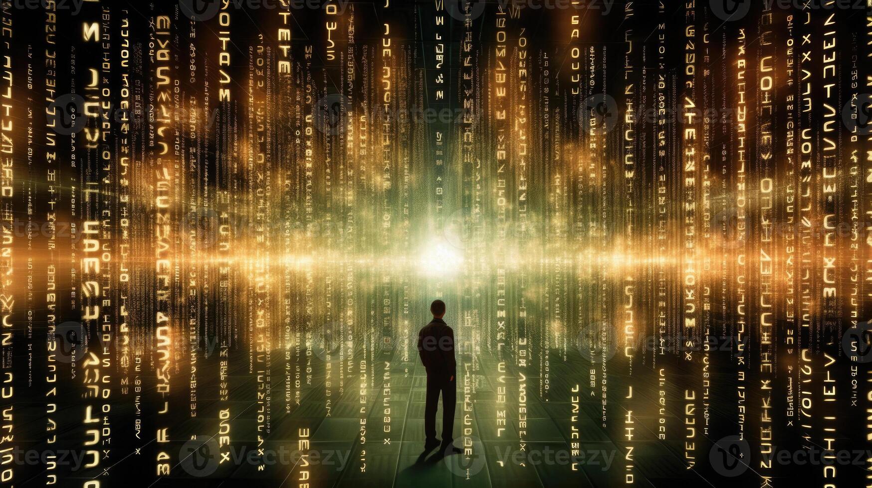 Human silhouette in digital world with binary code. photo
