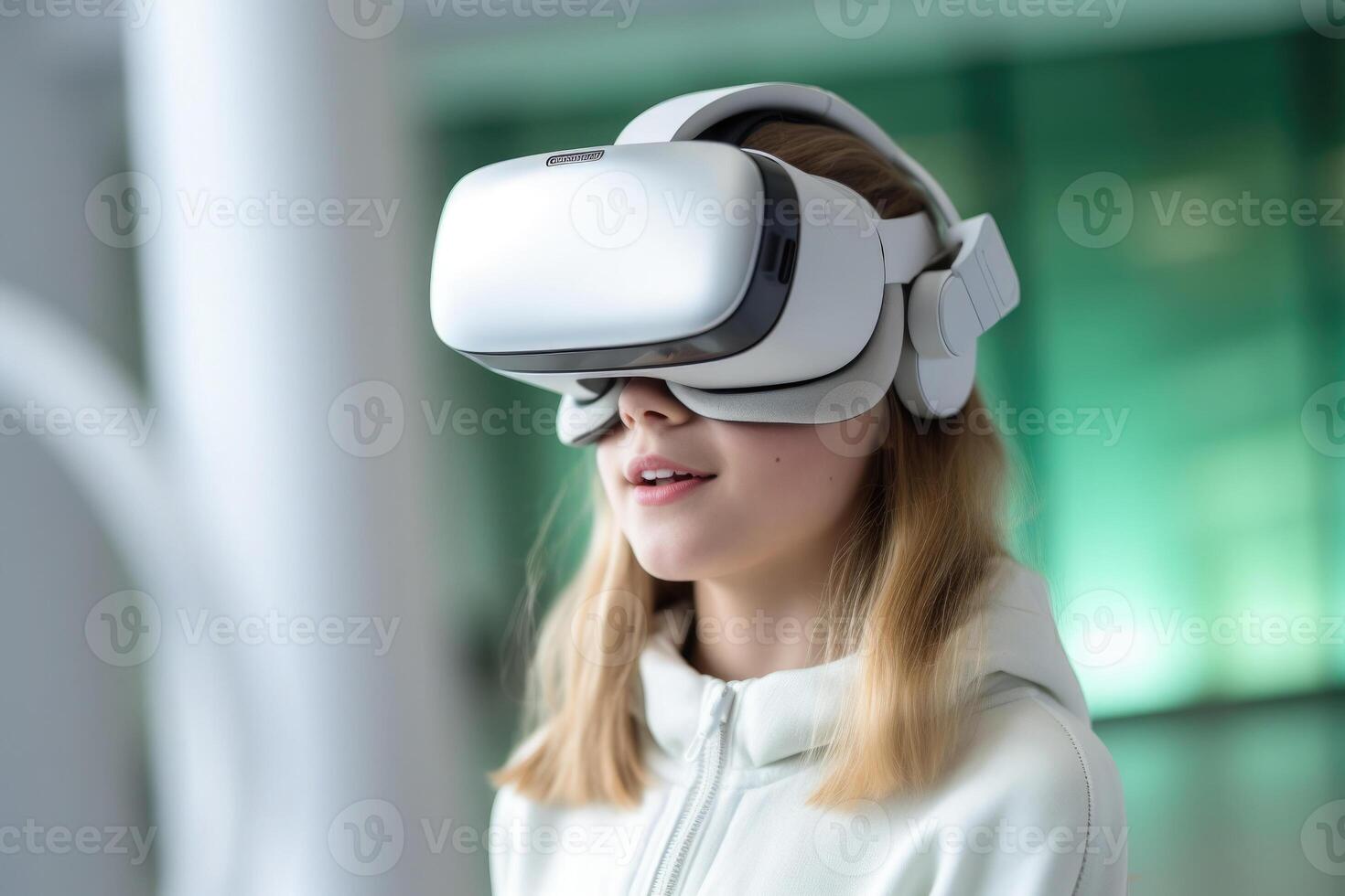 Teenage girl using virtual reality headset. photo