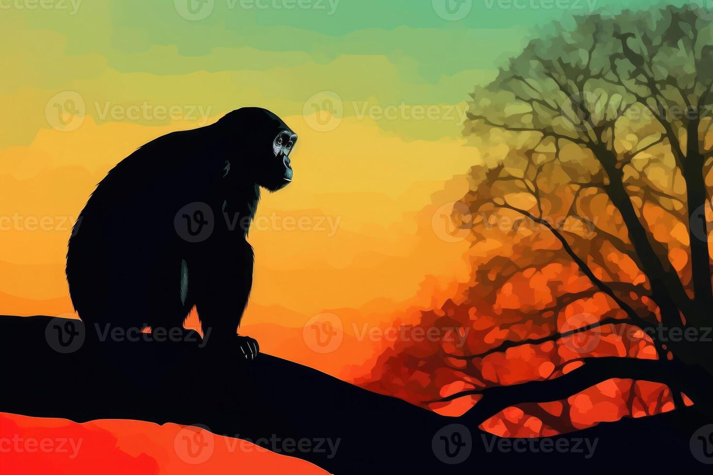 Silhouette of monkey at sunset. Animal in wild nature. photo