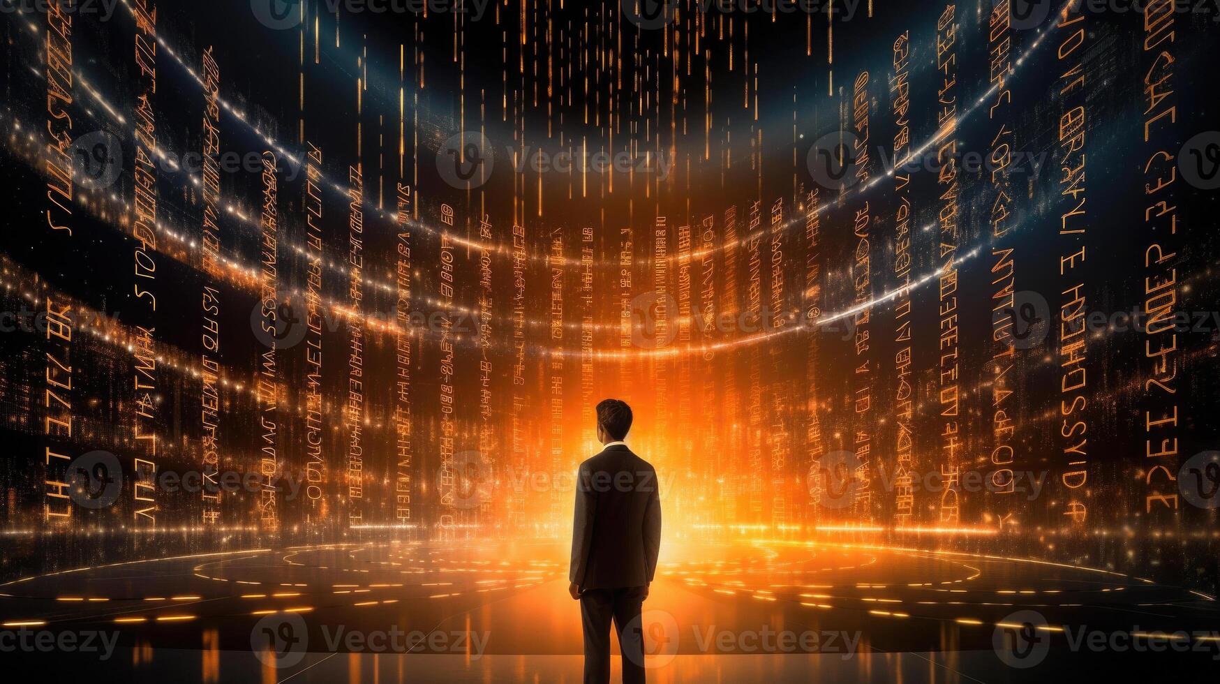 Human silhouette in digital world with binary code. photo