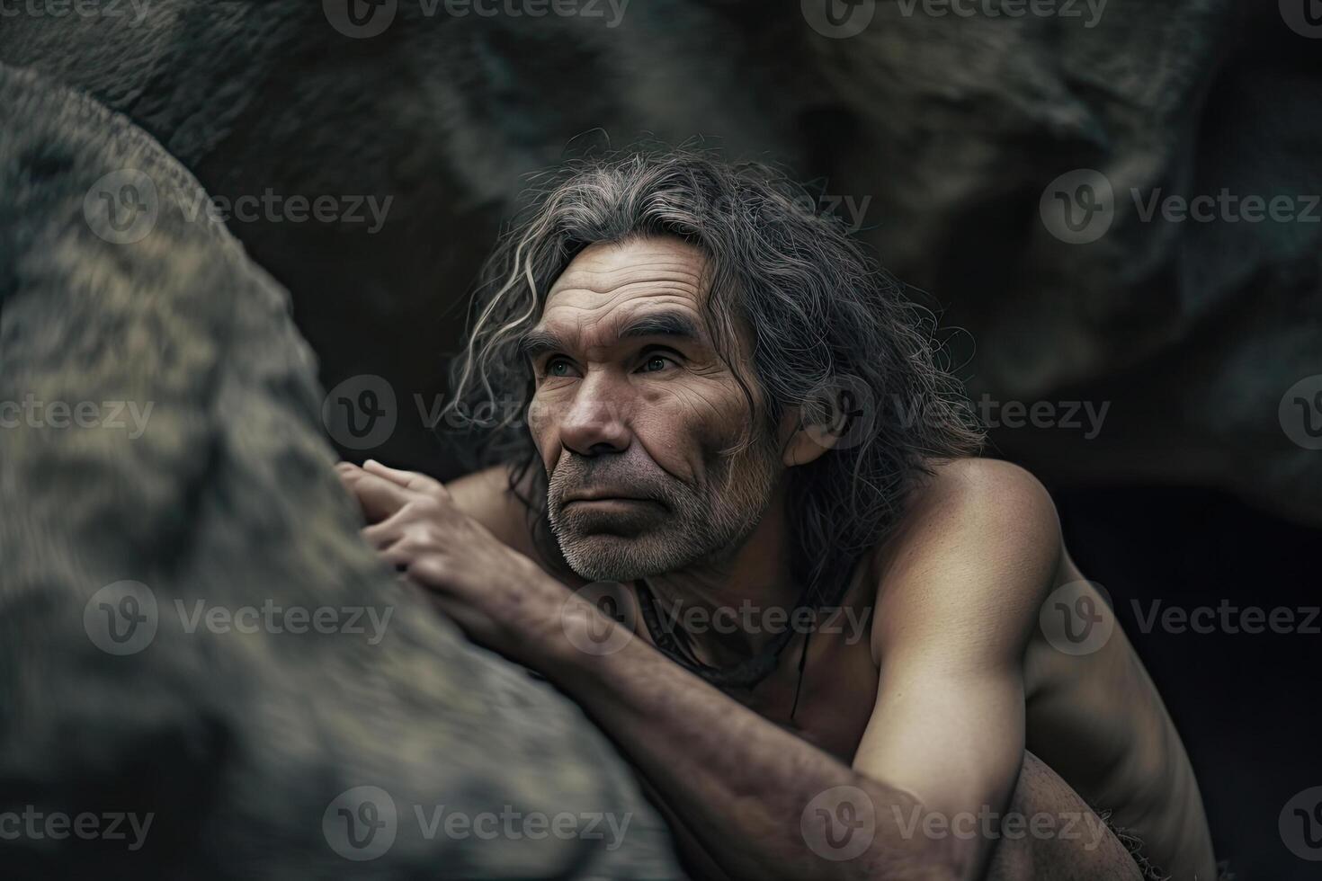 Prehistoric neanderthal man in cave. photo