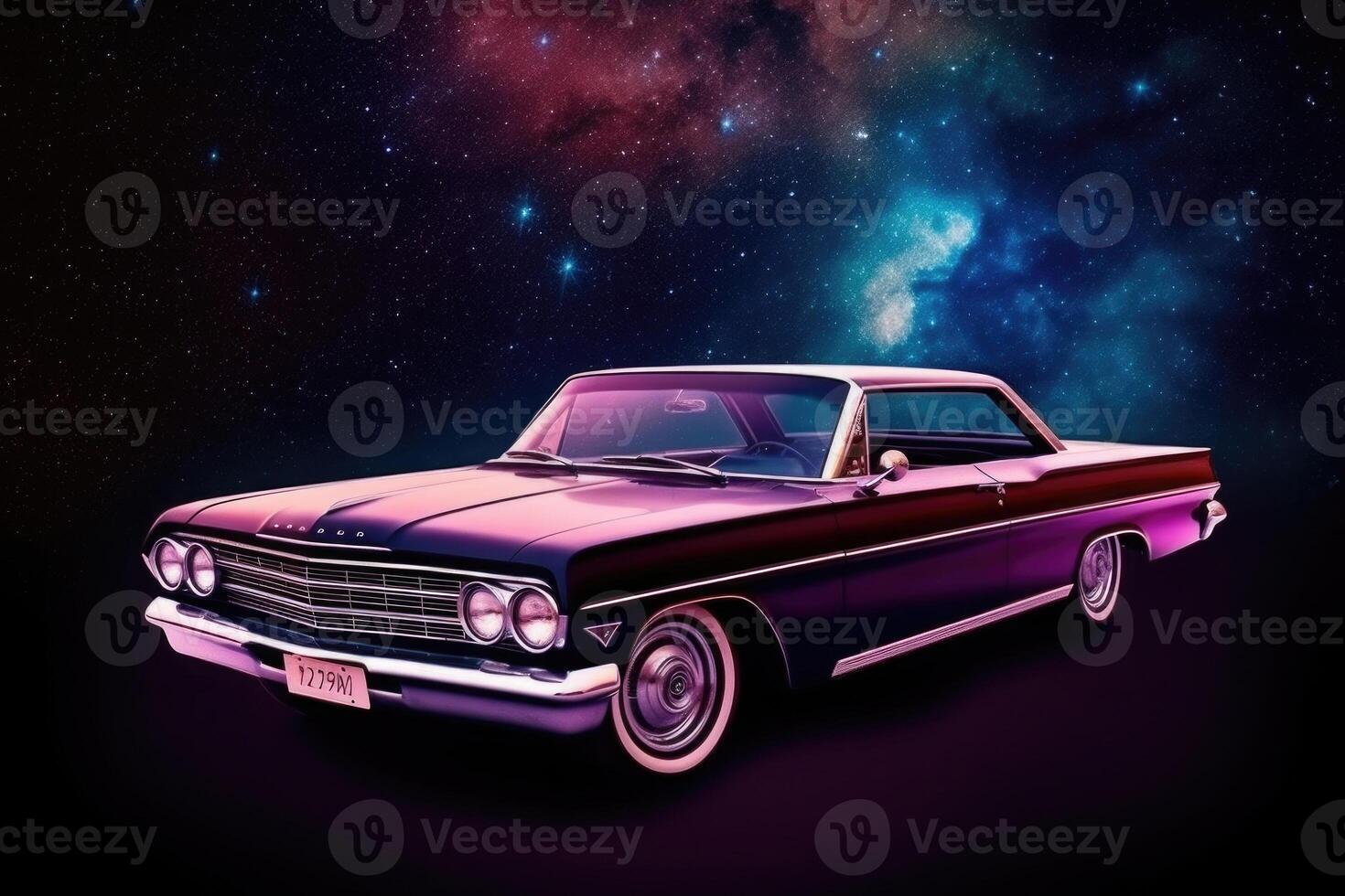 Futuristic retro car in space galaxy background. photo