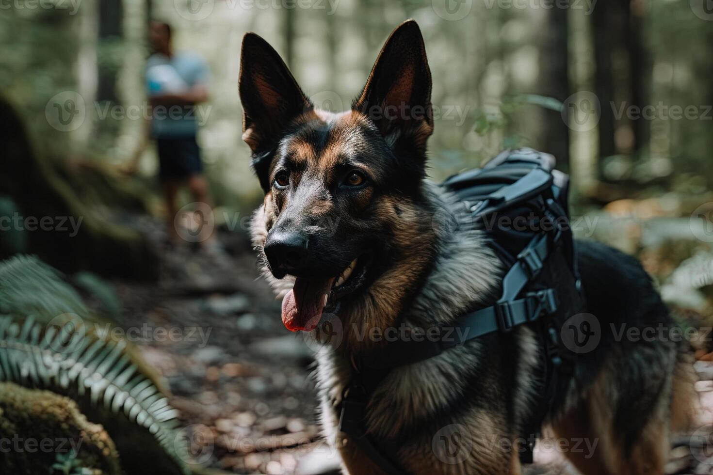 dog hiking on a trail with backpack illustration photo