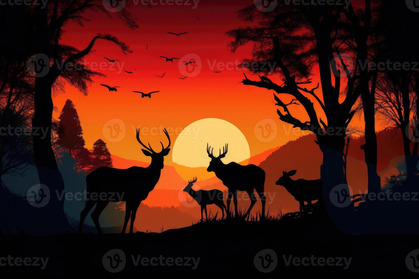 Deer silhouettes at sunset. Wild animal in natural landscape. photo