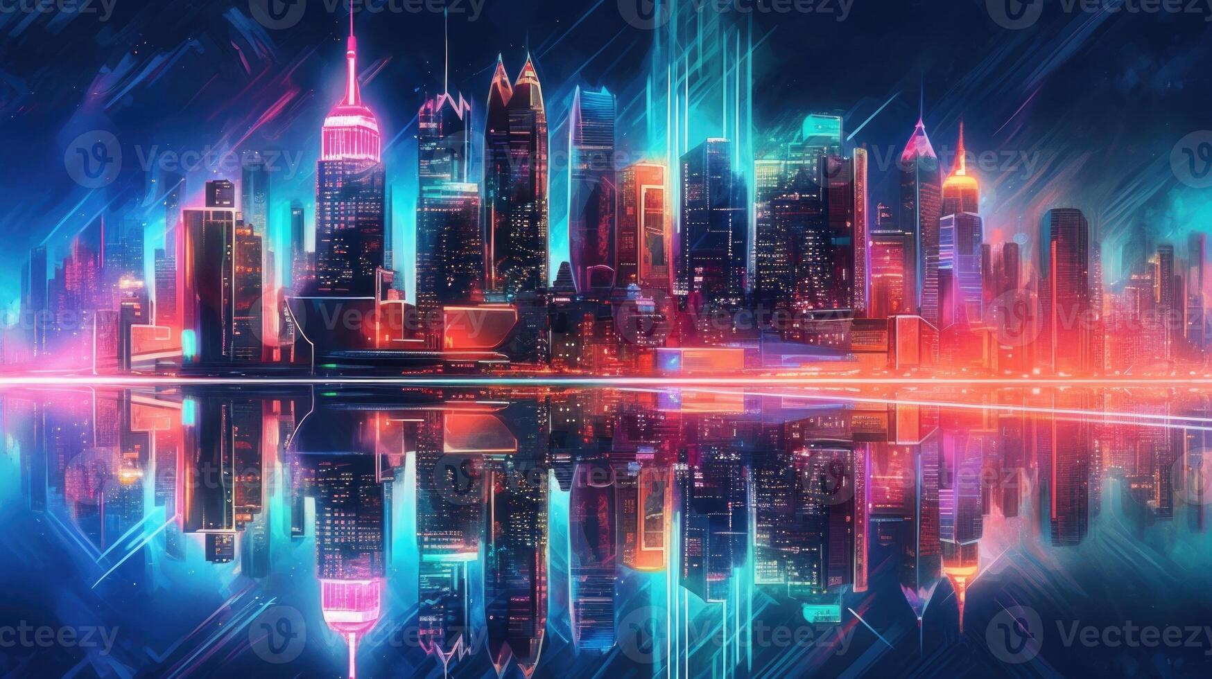 Neon colored cityscape skyline at night. photo