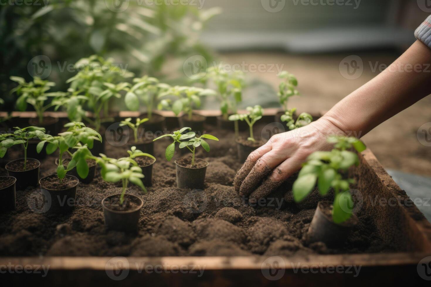 trabajo en jardín. trasplante plántulas generativo ai foto